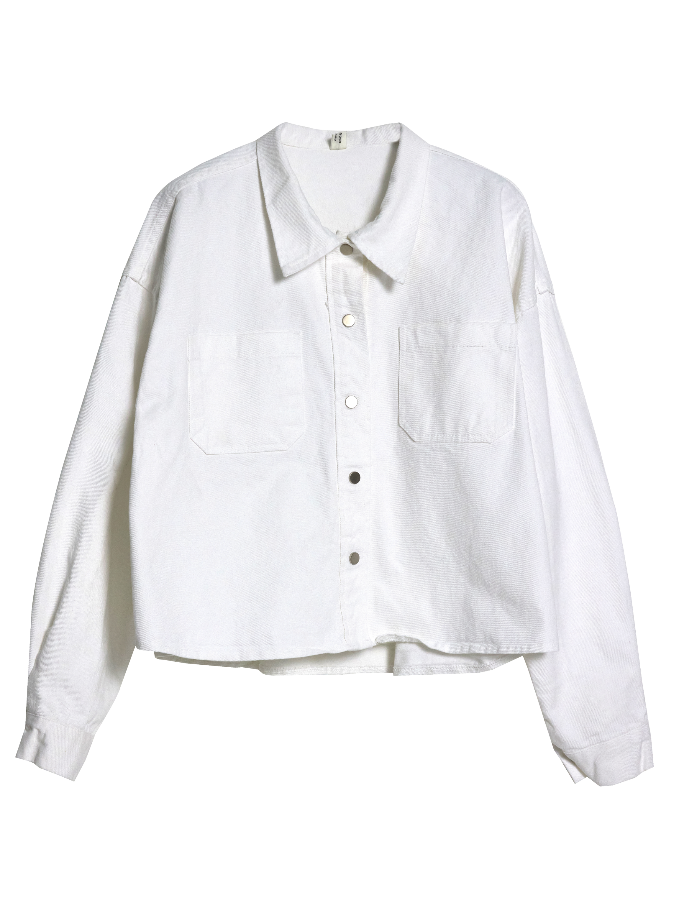 It's a product detail shot of a white denim jacket with white backdrop that showcases the front designs.