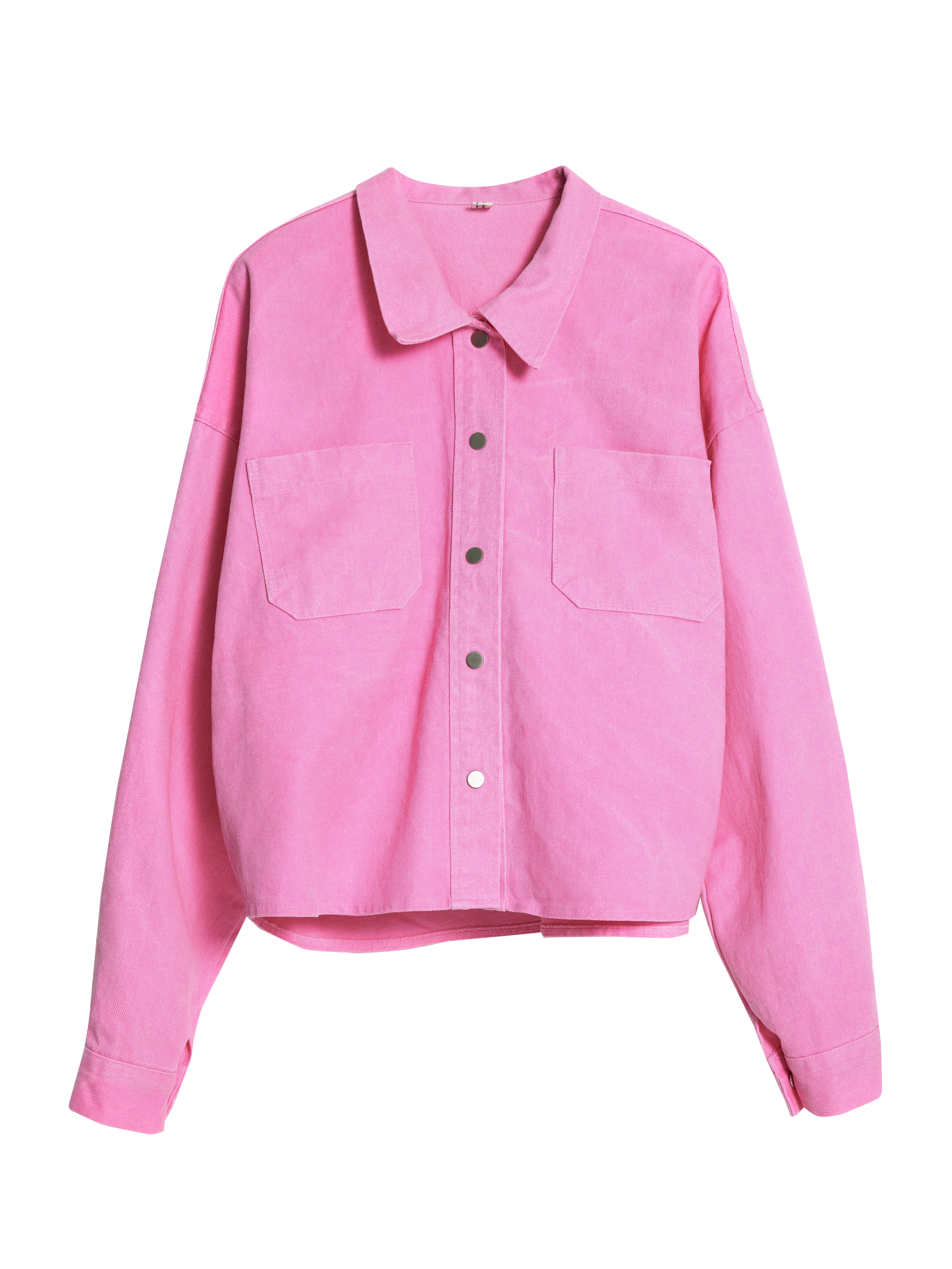 Pink long-sleeves denim jacket that highlights the tone color and the front design details of the jacket.