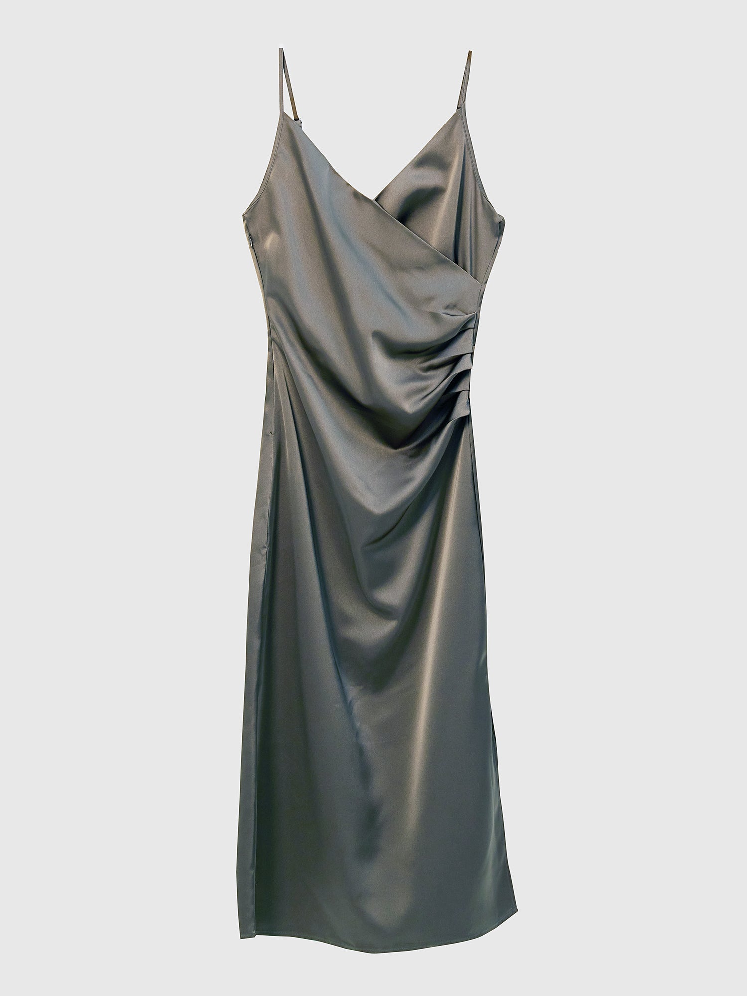 Product detailed view of the satin wrap dress showcasing the front design of the dress.