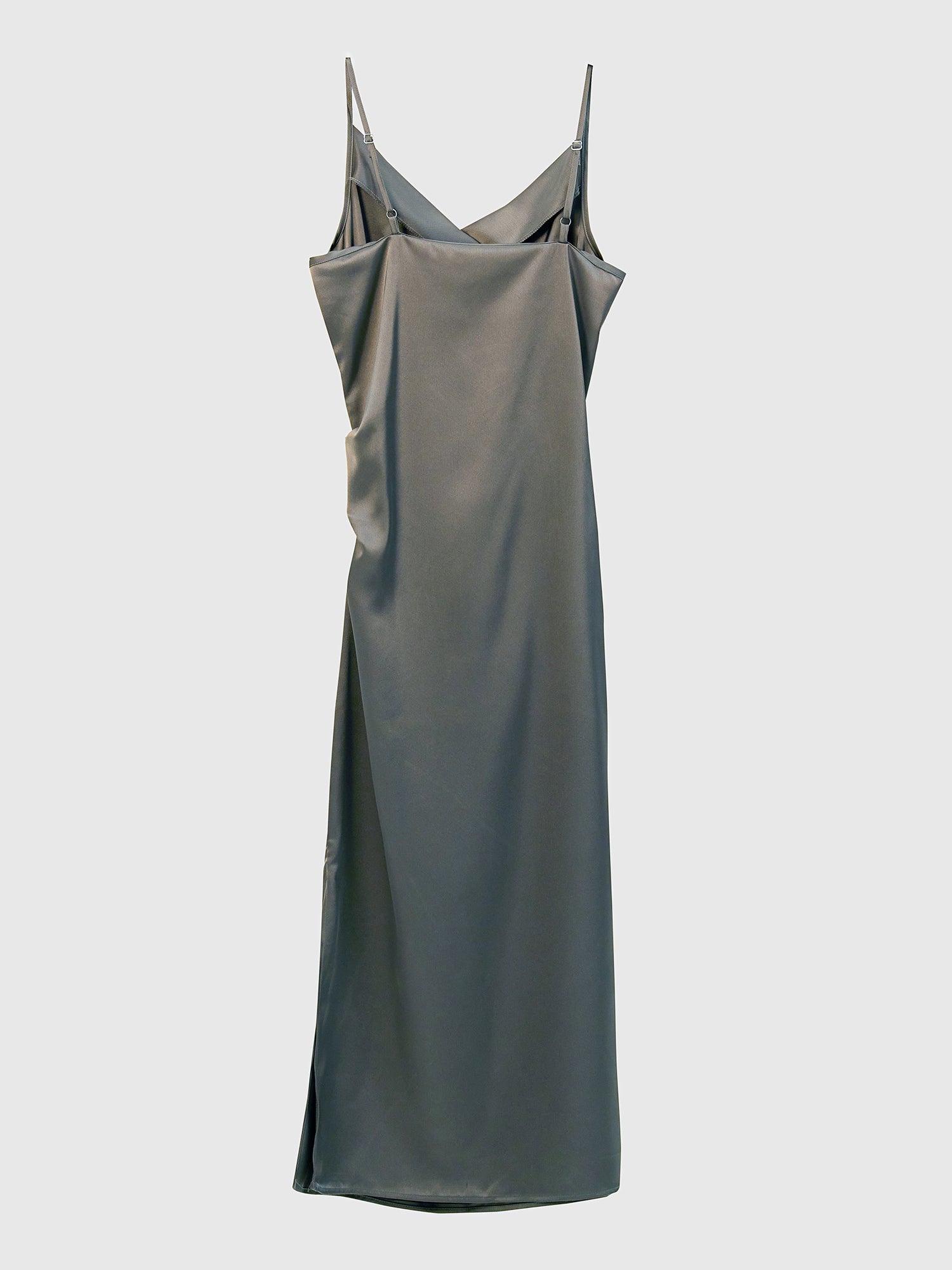 Back view of the satin wrap dress showcasing the back side of the dress.