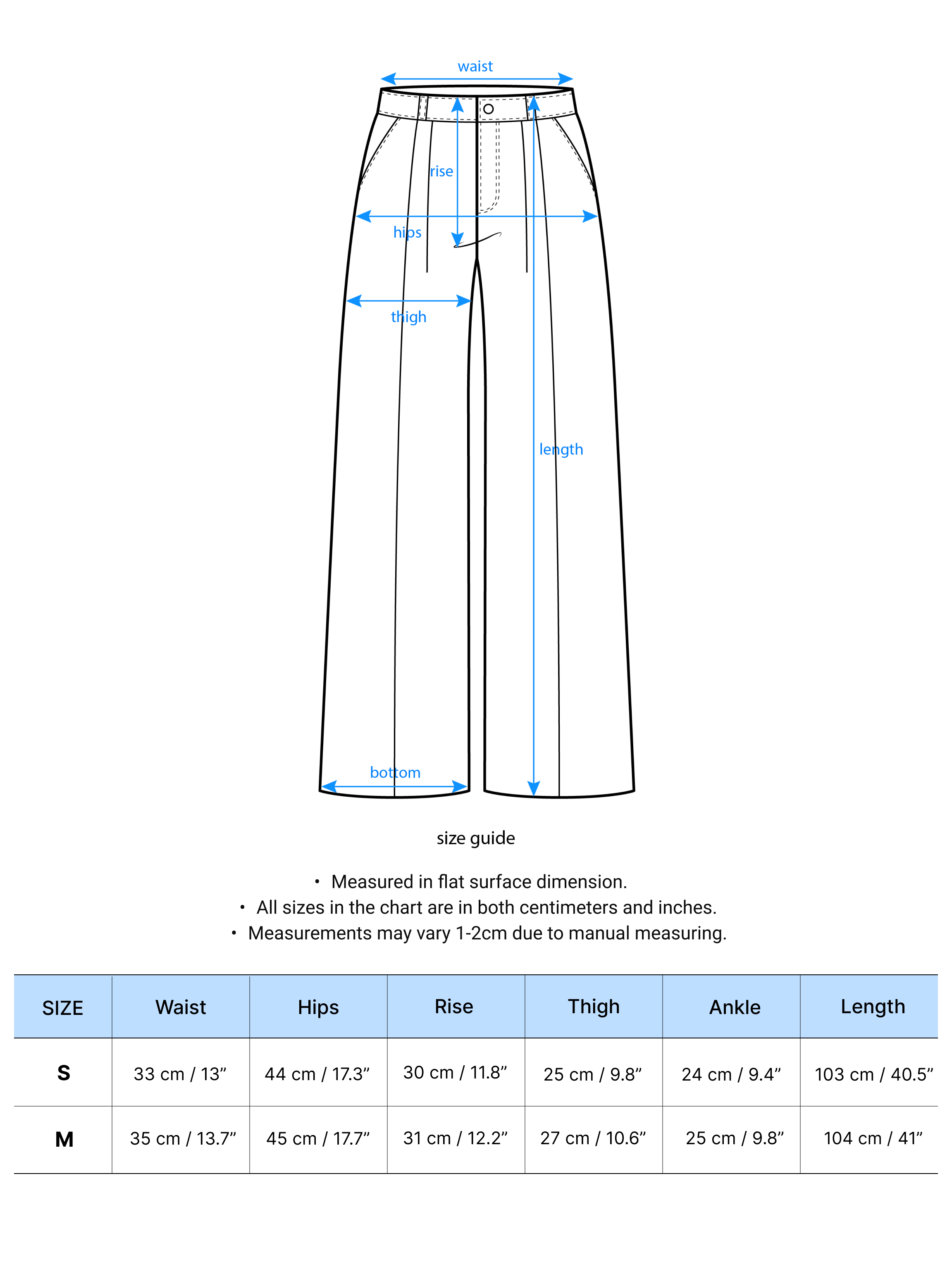 A size chart that shows a detailed measurement of the product.