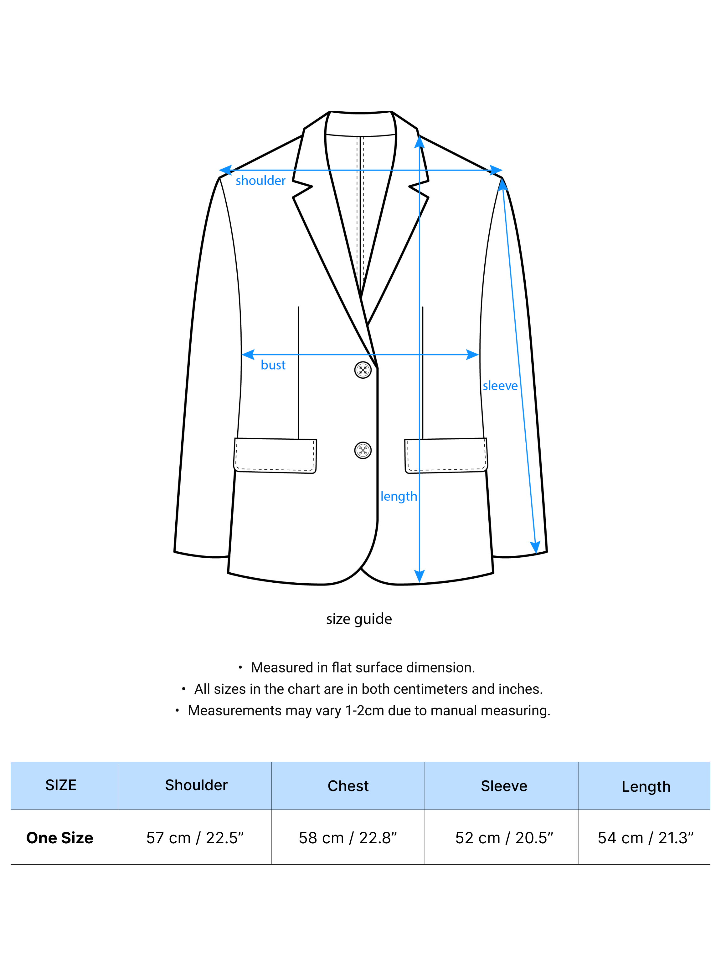 A size chart that shows a detailed measurement of the product.