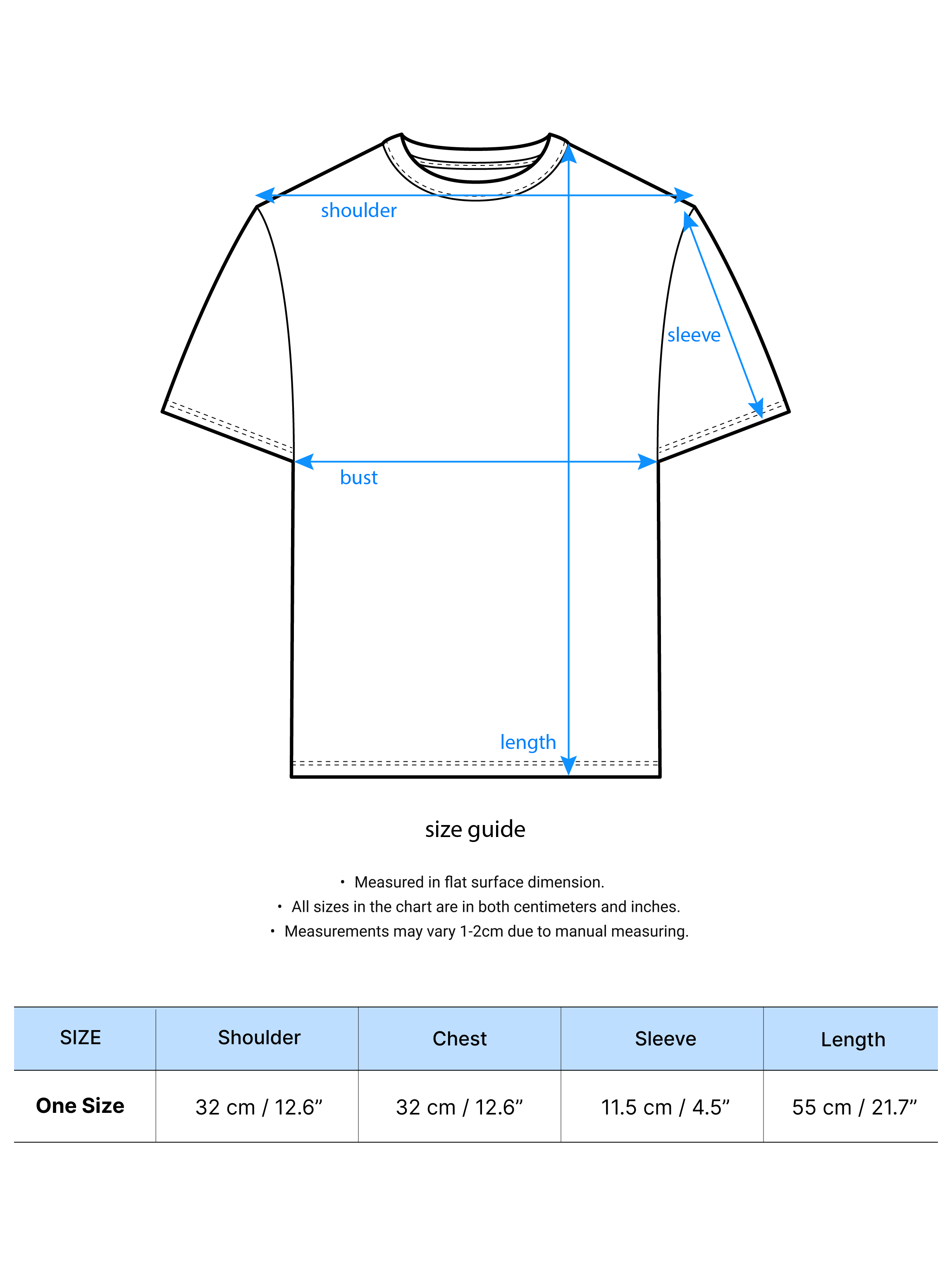 A size chart showing the detailed measurements of the product.