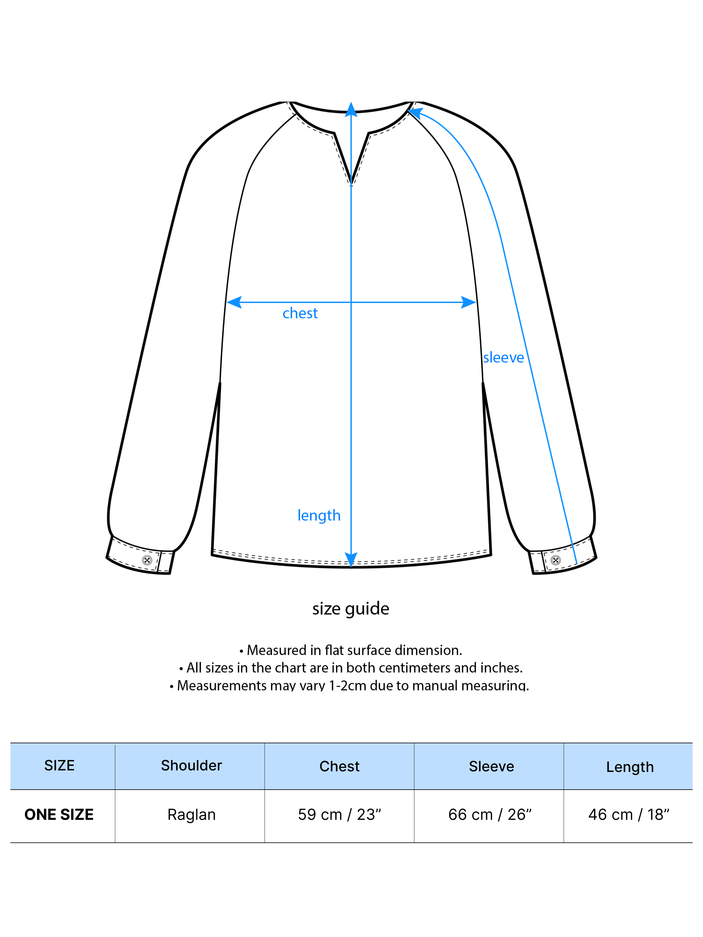 A size chart showing the detailed measurements of the product.