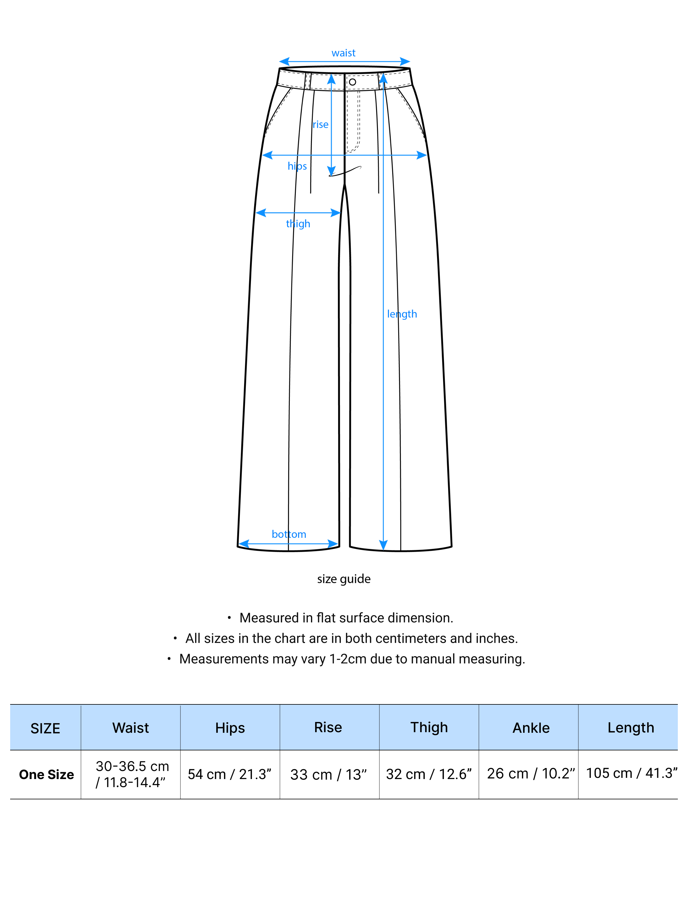 A size chart that shows a detailed measurement of the product.