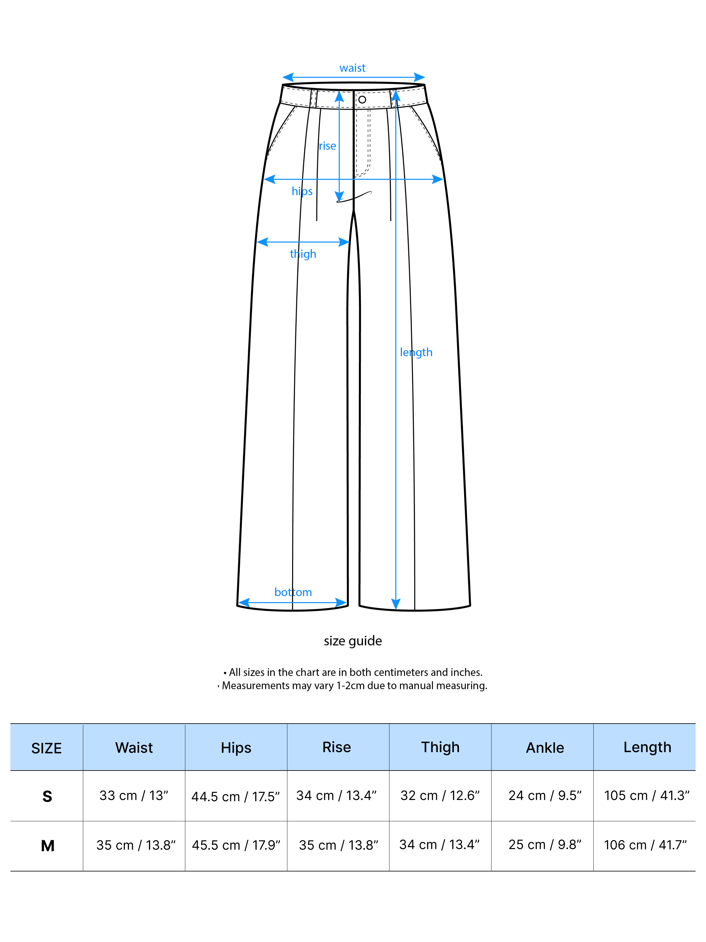 A size chart of a detailed measurement of the trouser.