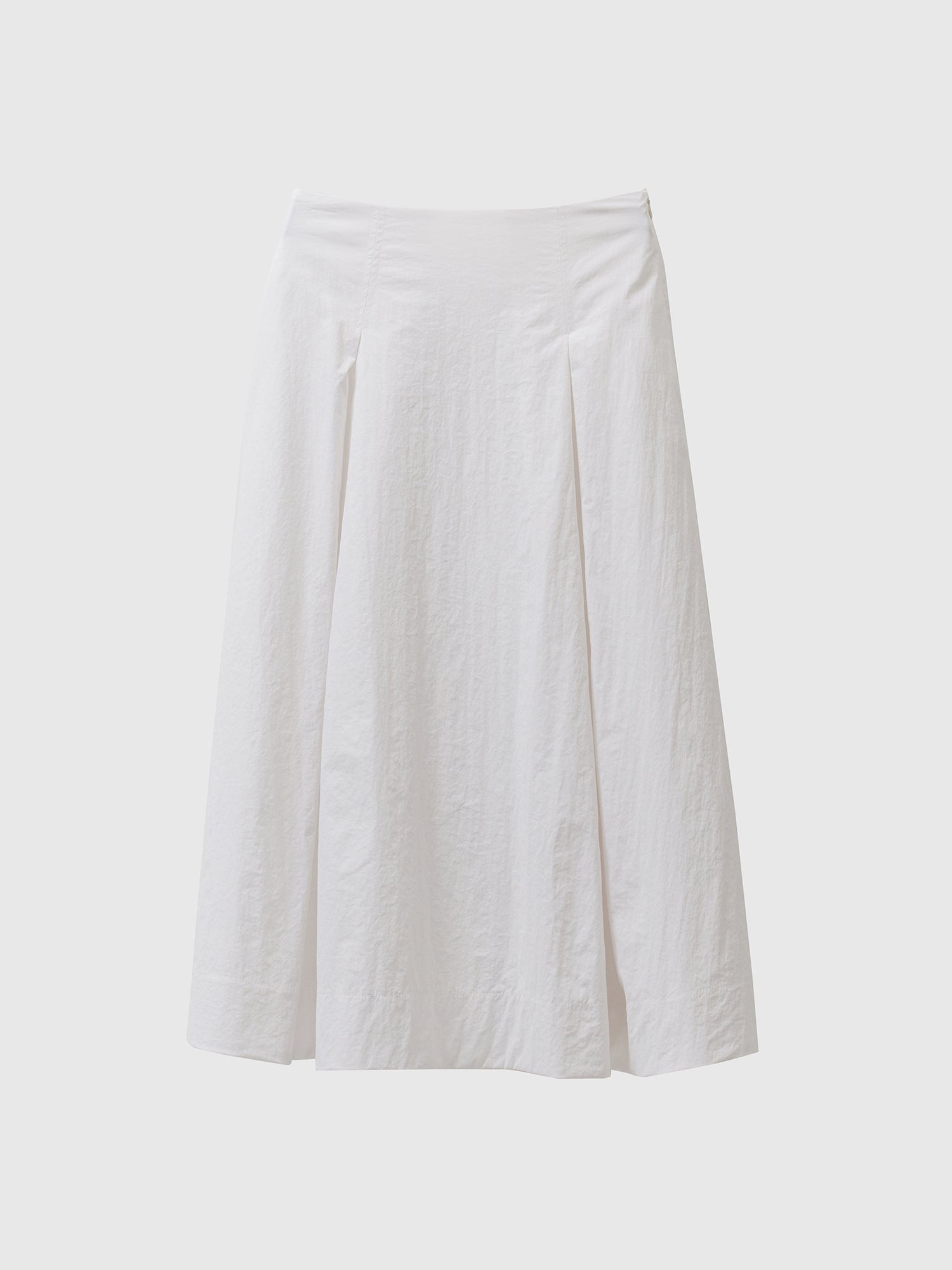 Product detailed shot showcasing a Korean aesthetic outfit, featuring an exquisite A-line pleated midi skirt against a clean white backdrop, highlighting its timeless beauty and sophistication.