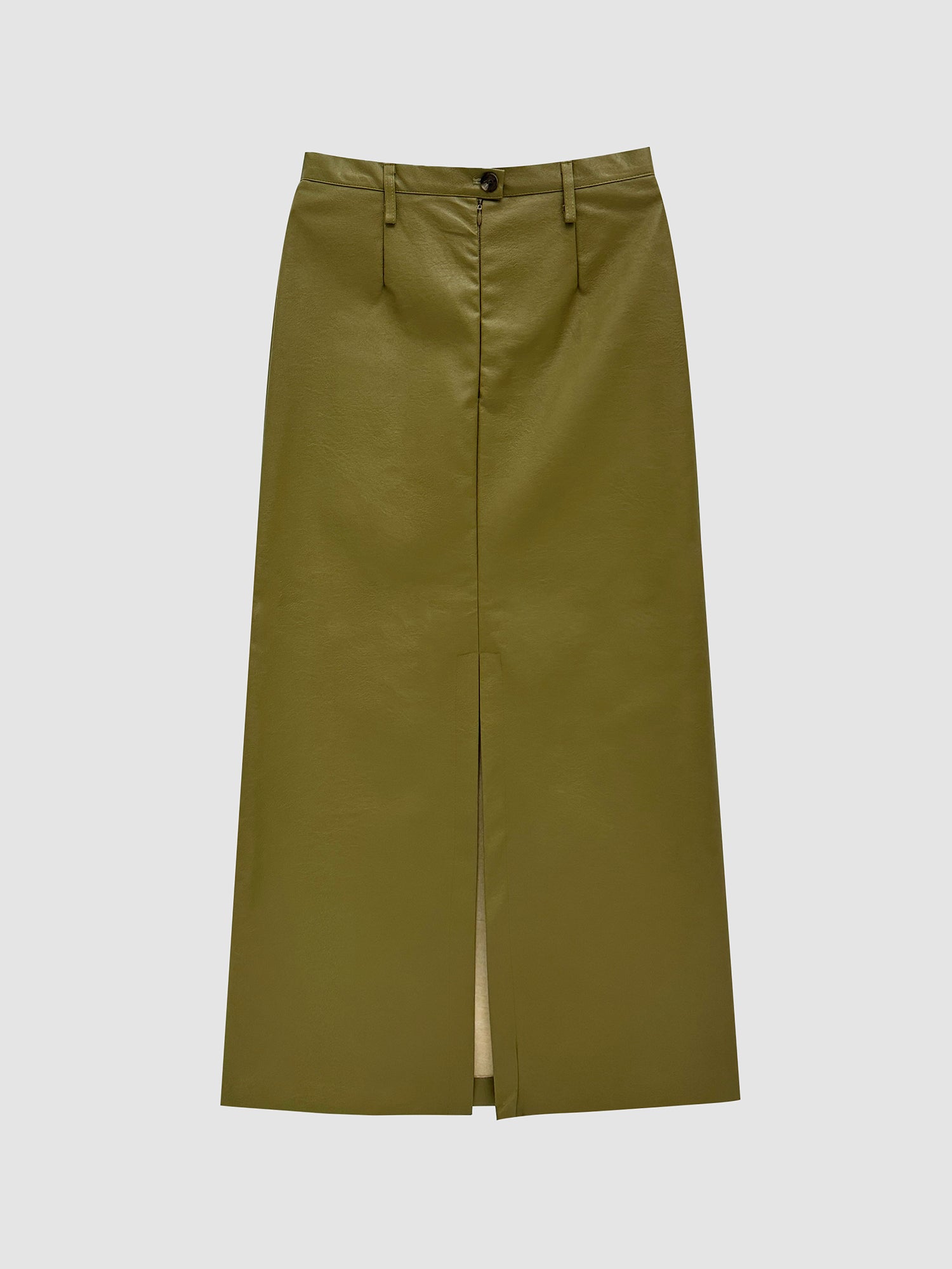 Offer a rear-facing perspective of the back slit maxi skirt, showcasing both the distinctive slit cut at the back and the overall length of the maxi skirt.