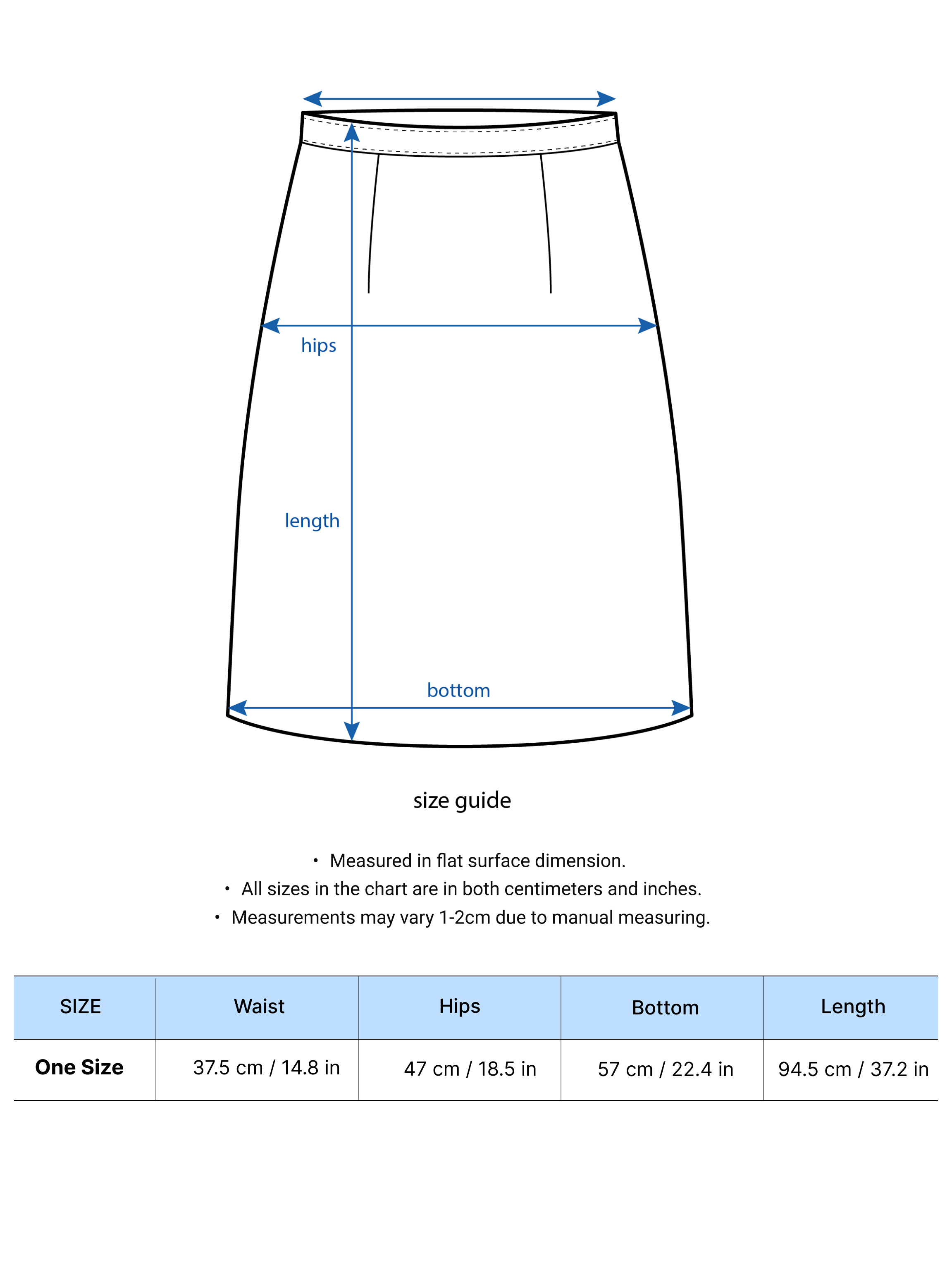 Size chart showing the size measurements of the back slit maxi skirt.