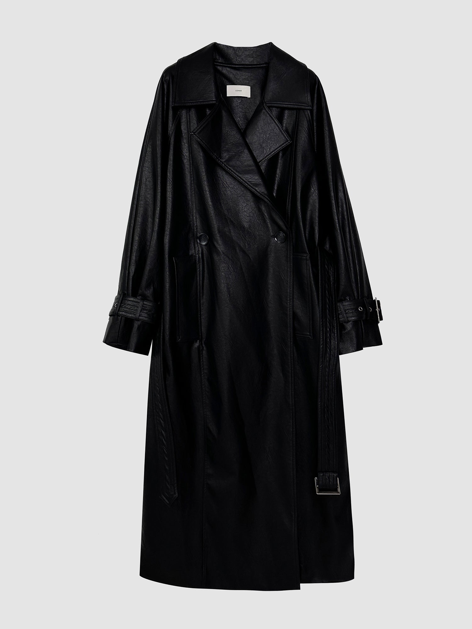 Front detailed view of the belted leather trench coat that is most chicest black.