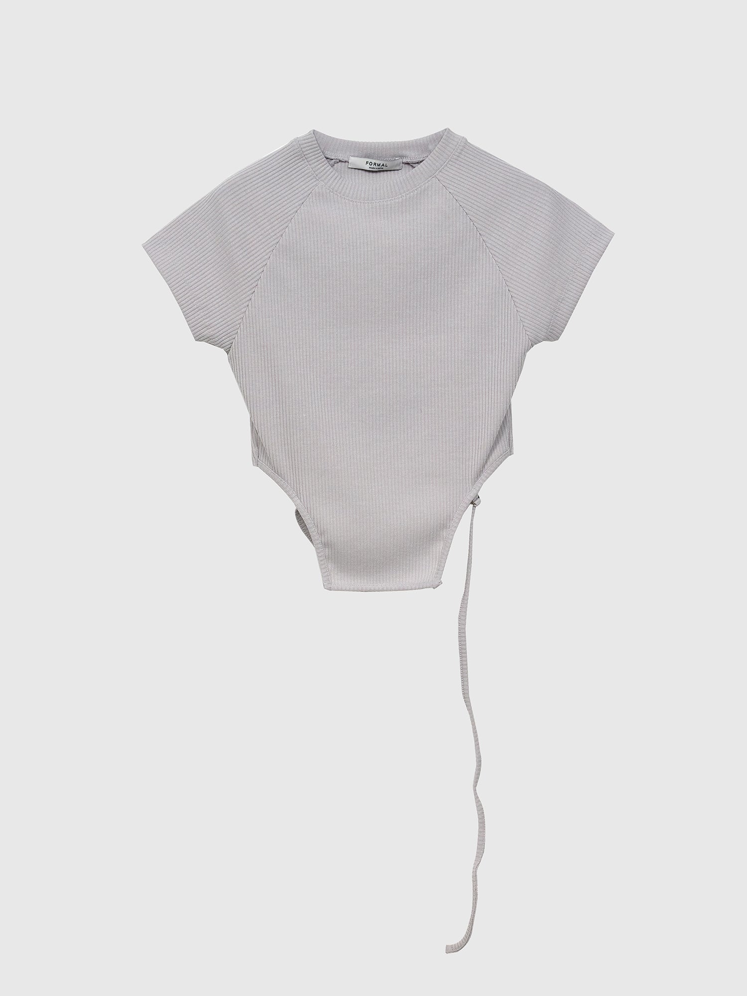 Front view of the gray crop top with strap showcasing the front design of the top.