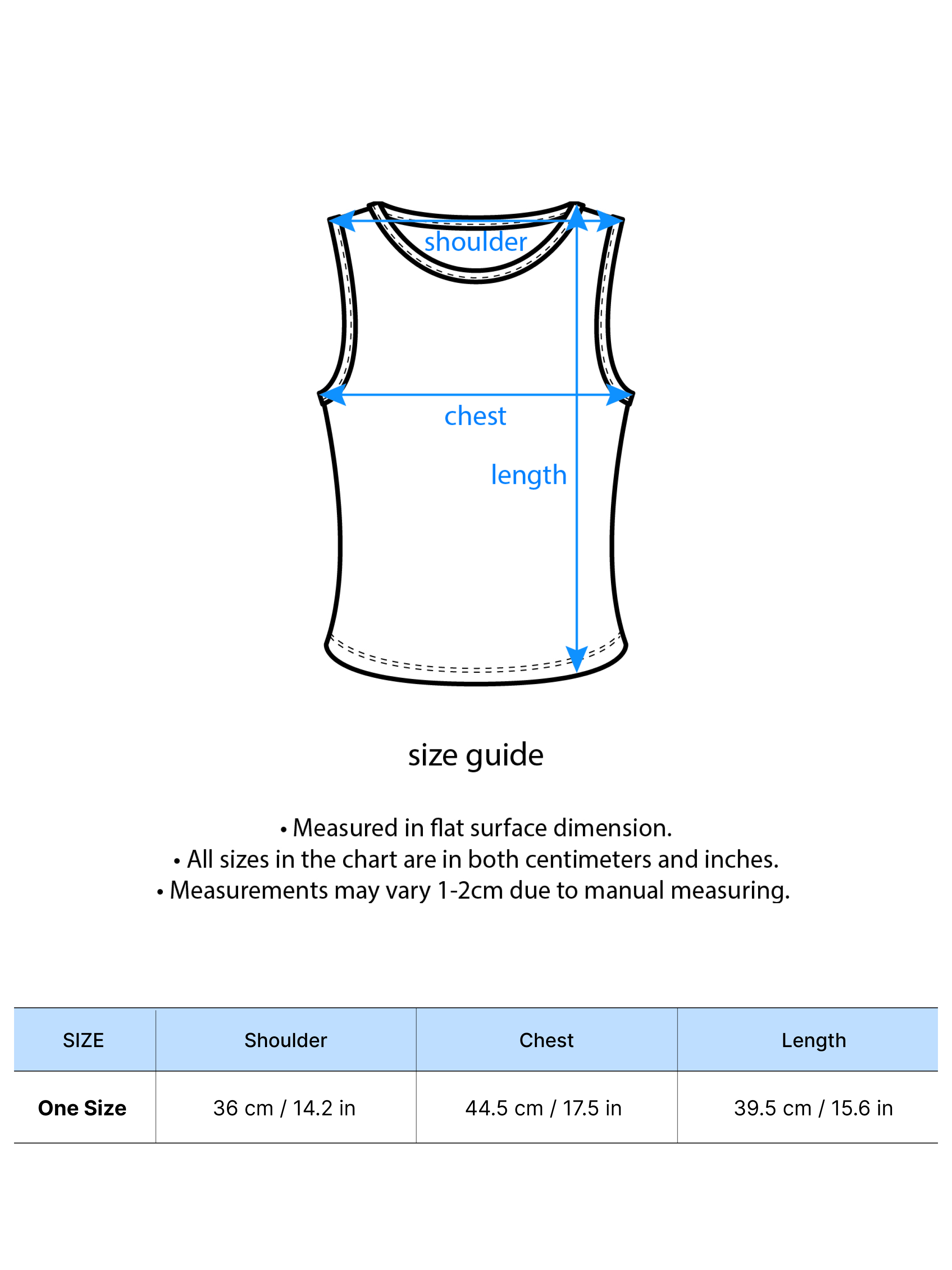 A size chart showing the product's detailed measurement.