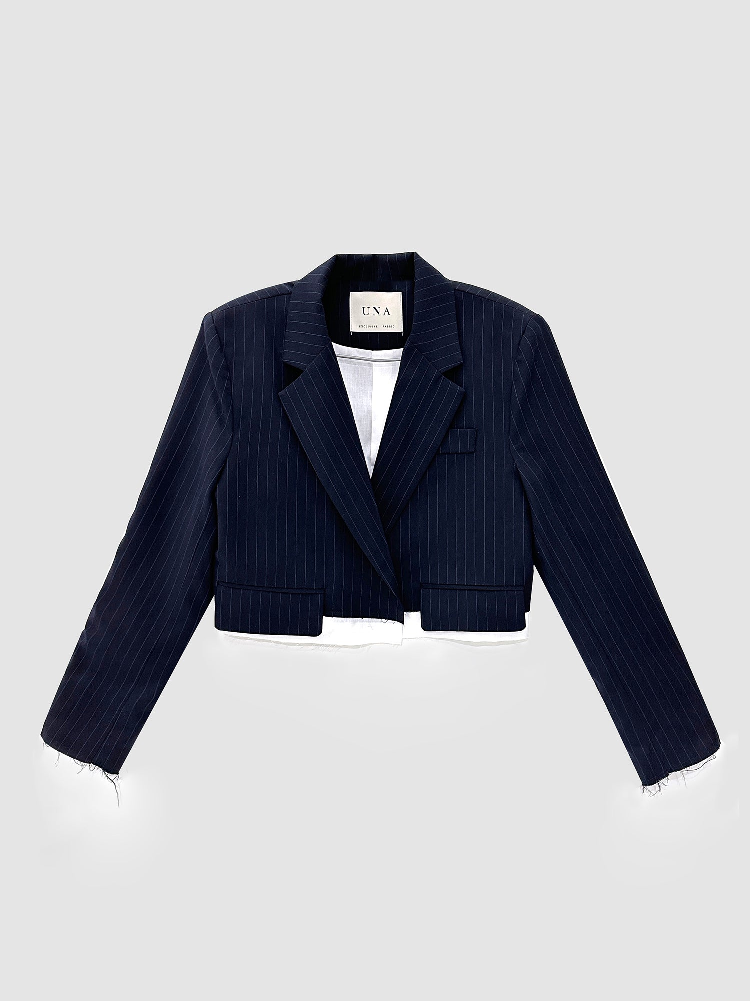 Product detailed view of the navy stripe cropped layered blazer accentuating its korean street fashion.