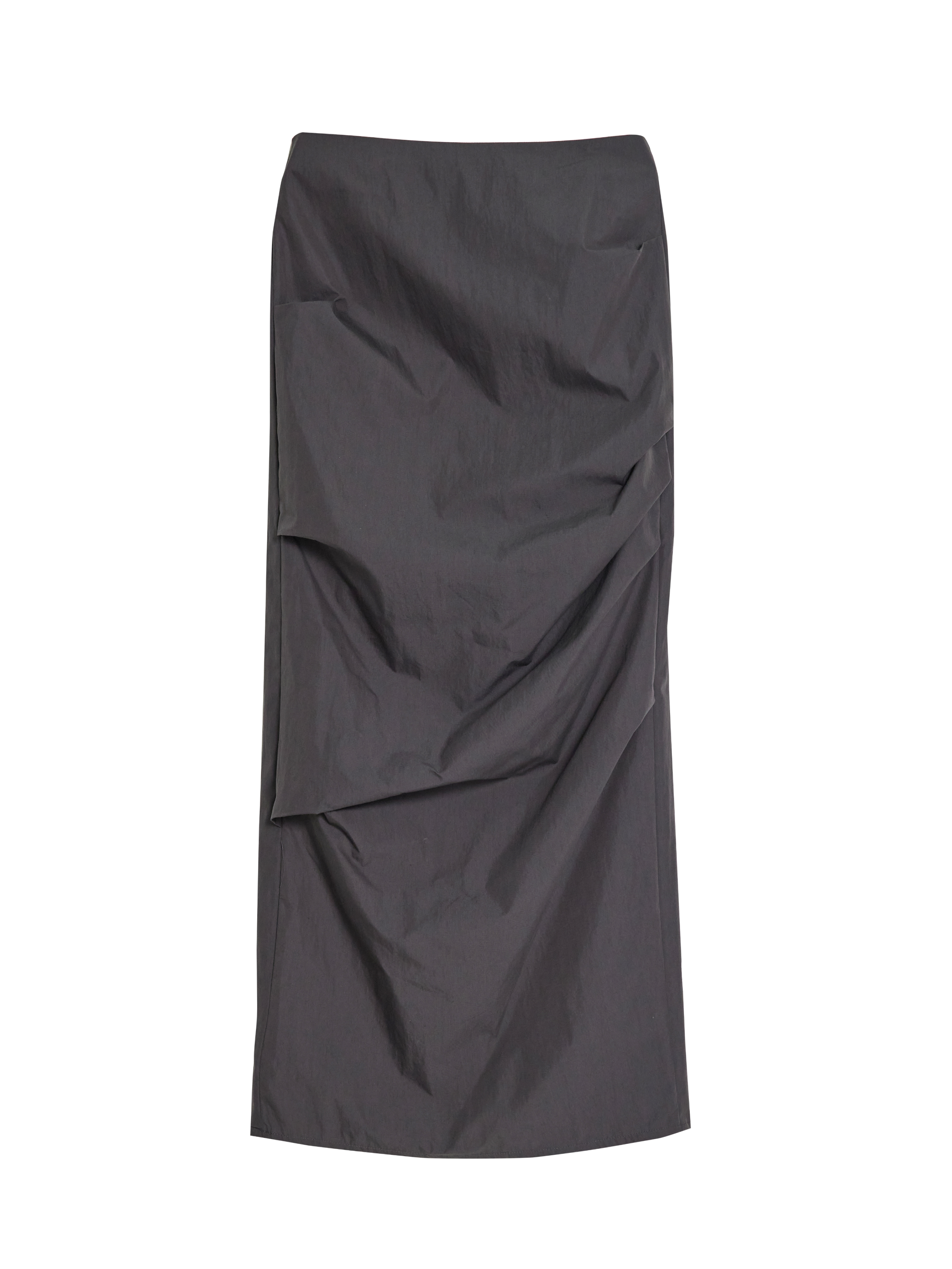 Front view of the draped skirt highlights the draped design's intricate details.