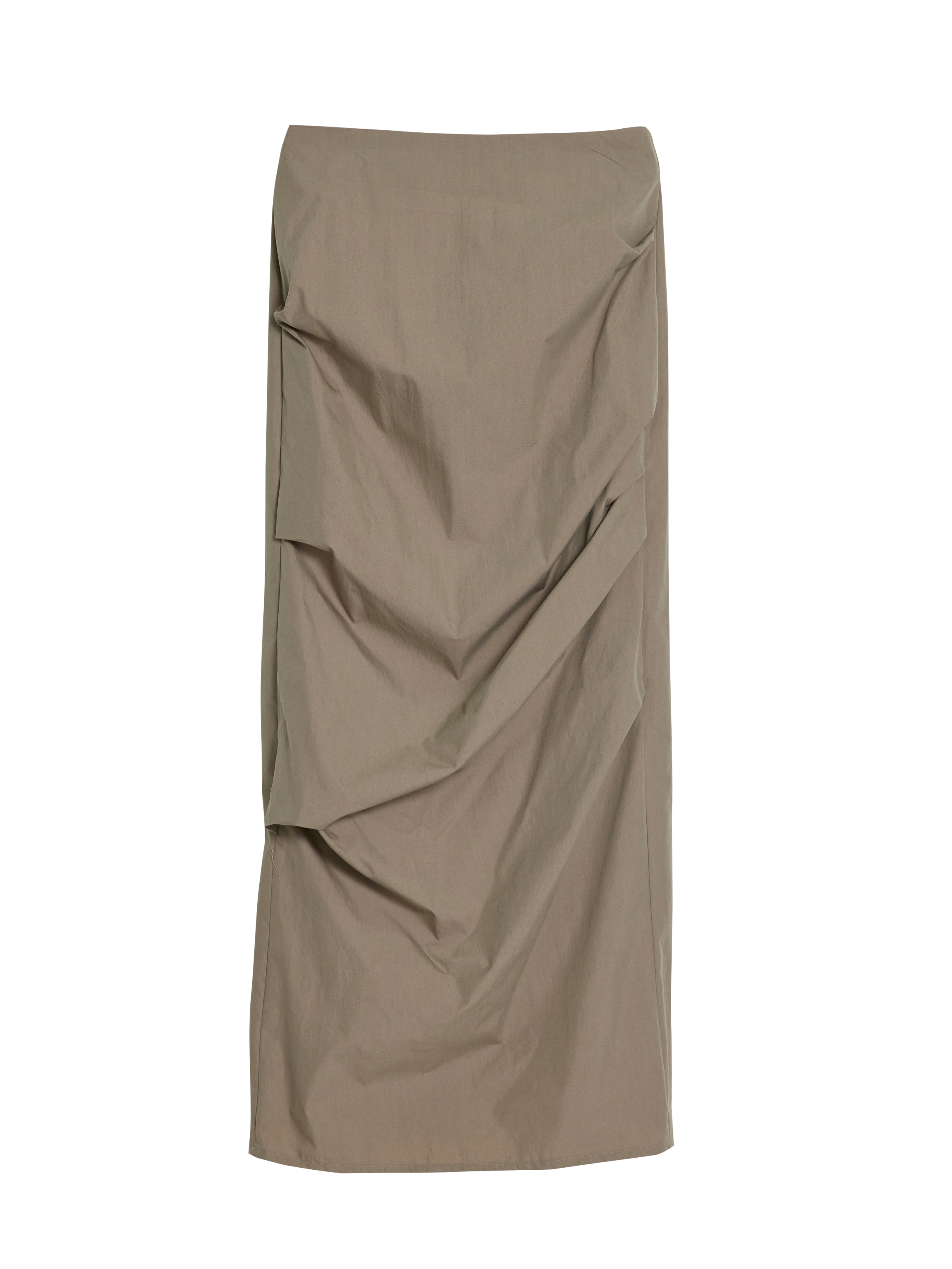 This is a mocha-brown draped skirt highlighting the details of the draped design.