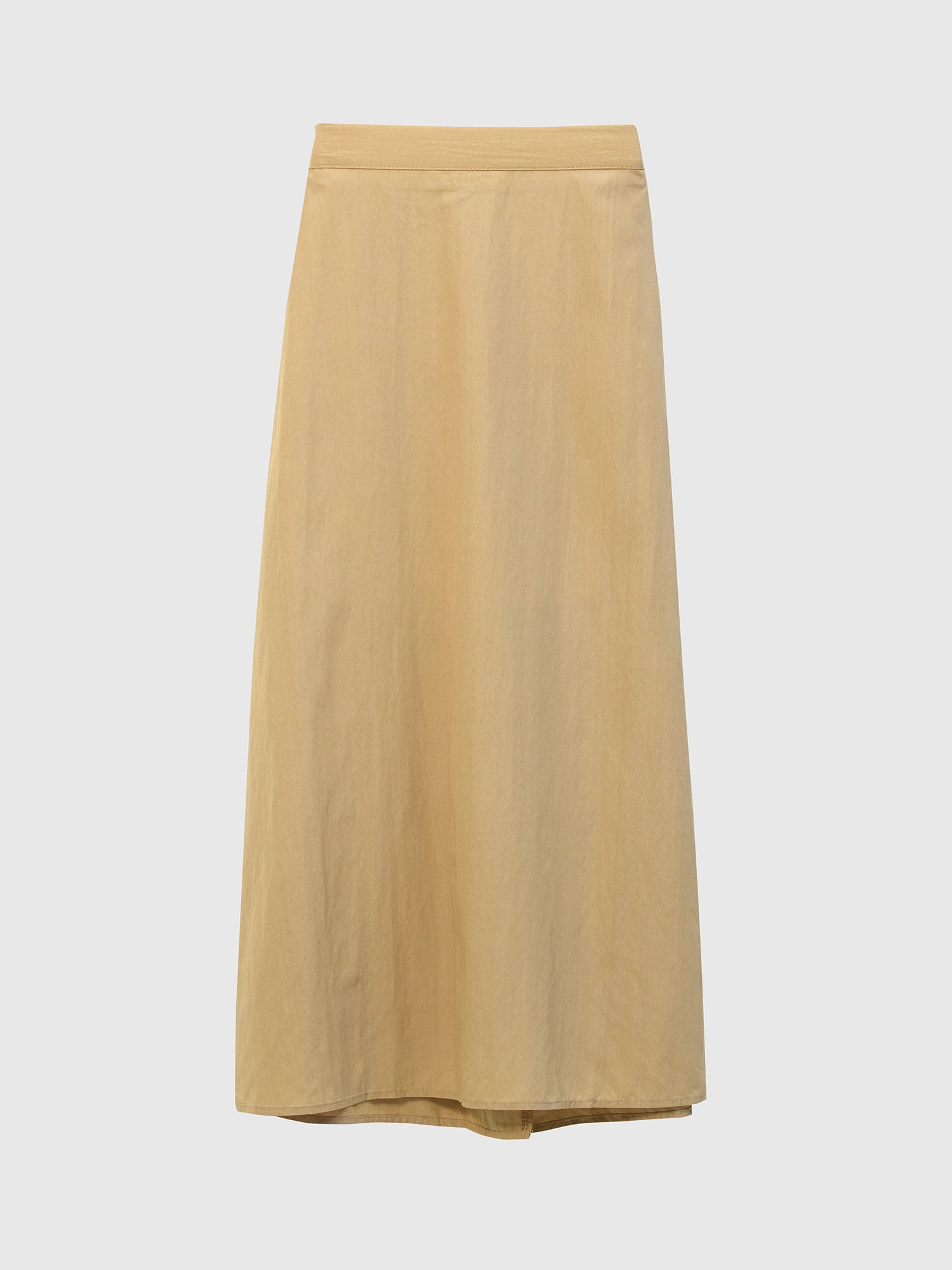 Product detailed view of the tan elasticated midi skirt showing the front design detail.