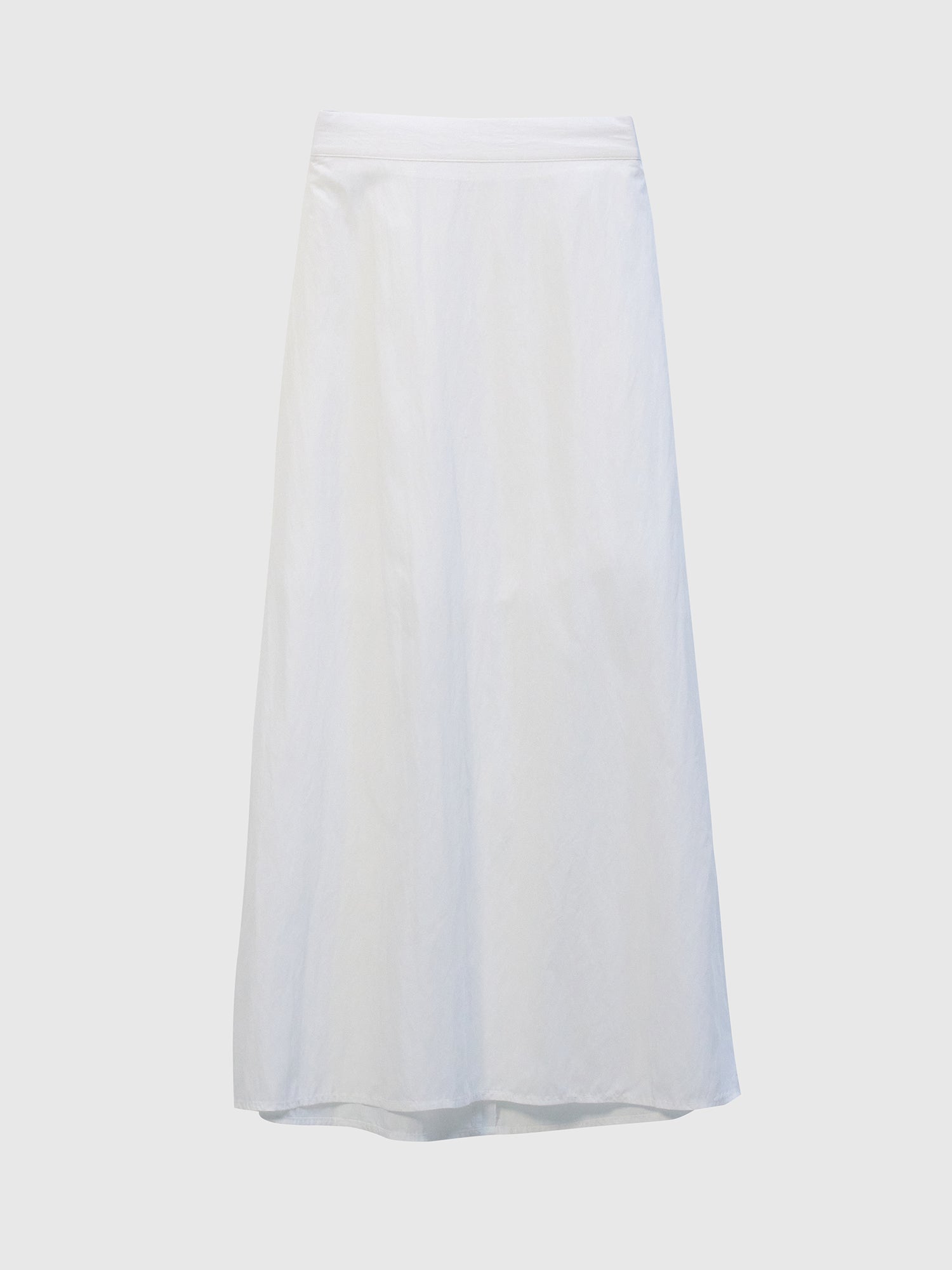 Front view of the white elasticated midi skirt showing the front details.