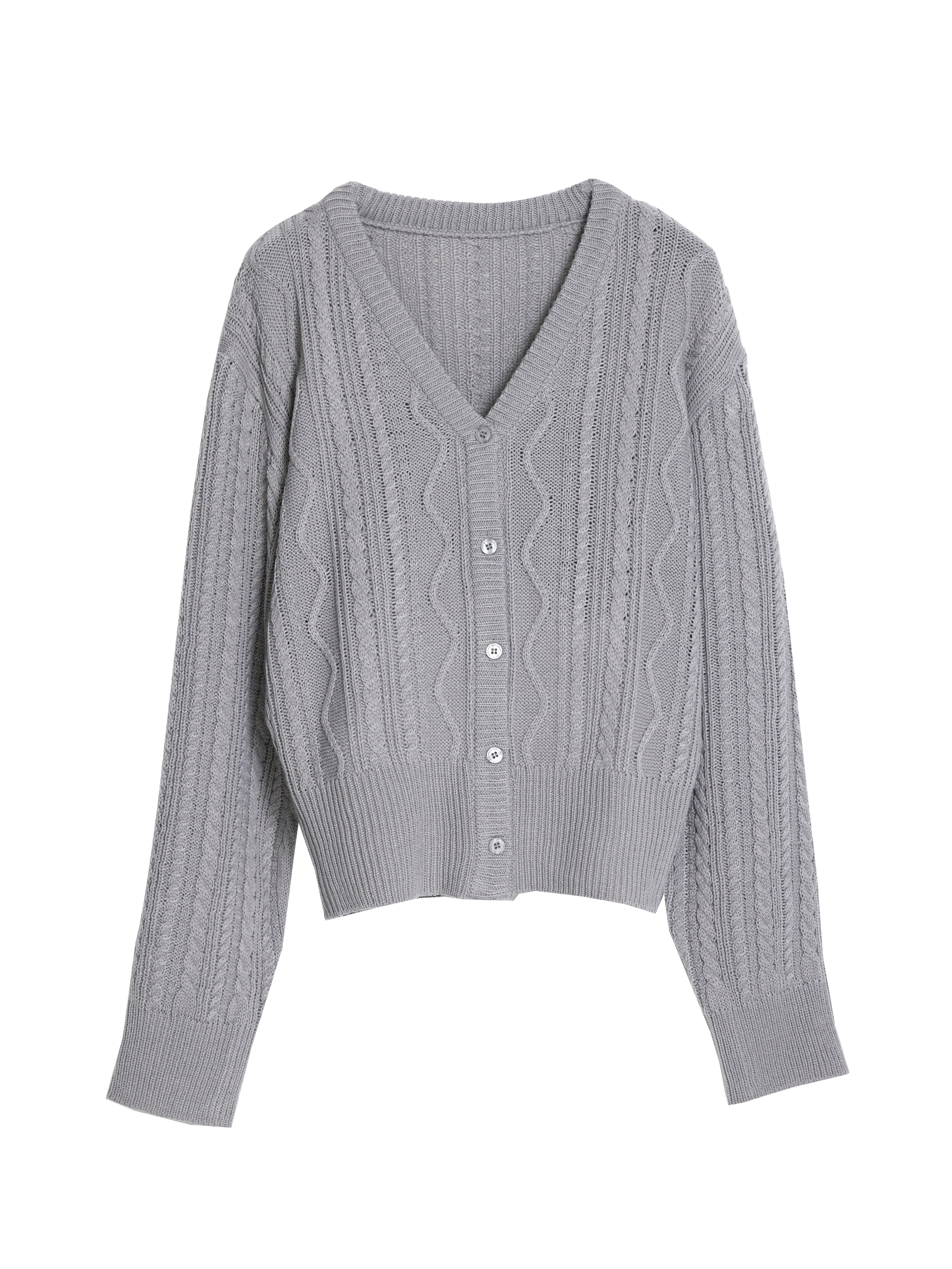 Front view of the gray embroidered v-neck sweater.