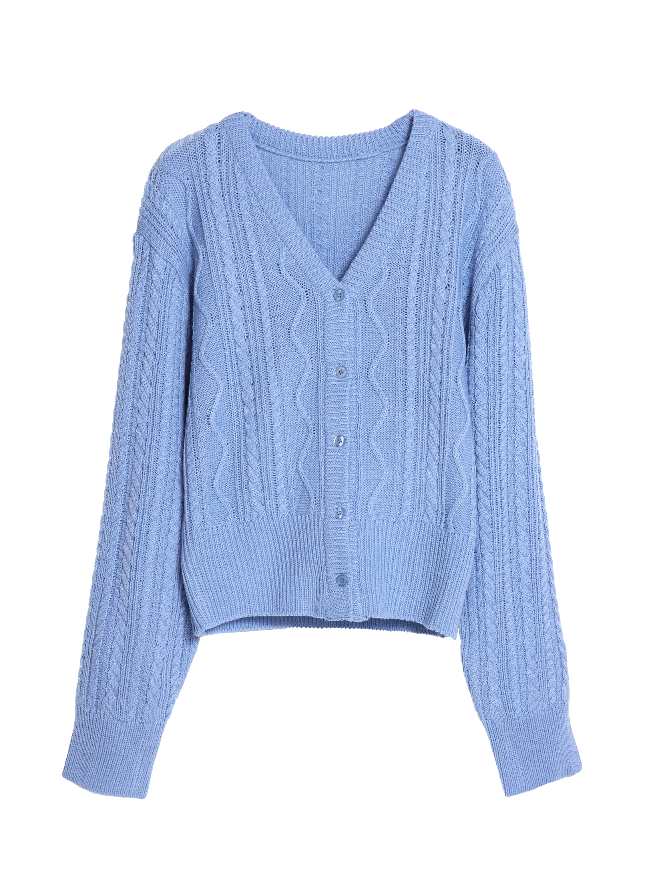 Front shot capturing the intricate embroidered design of a v-neck sweater in a beautiful shade of blue.