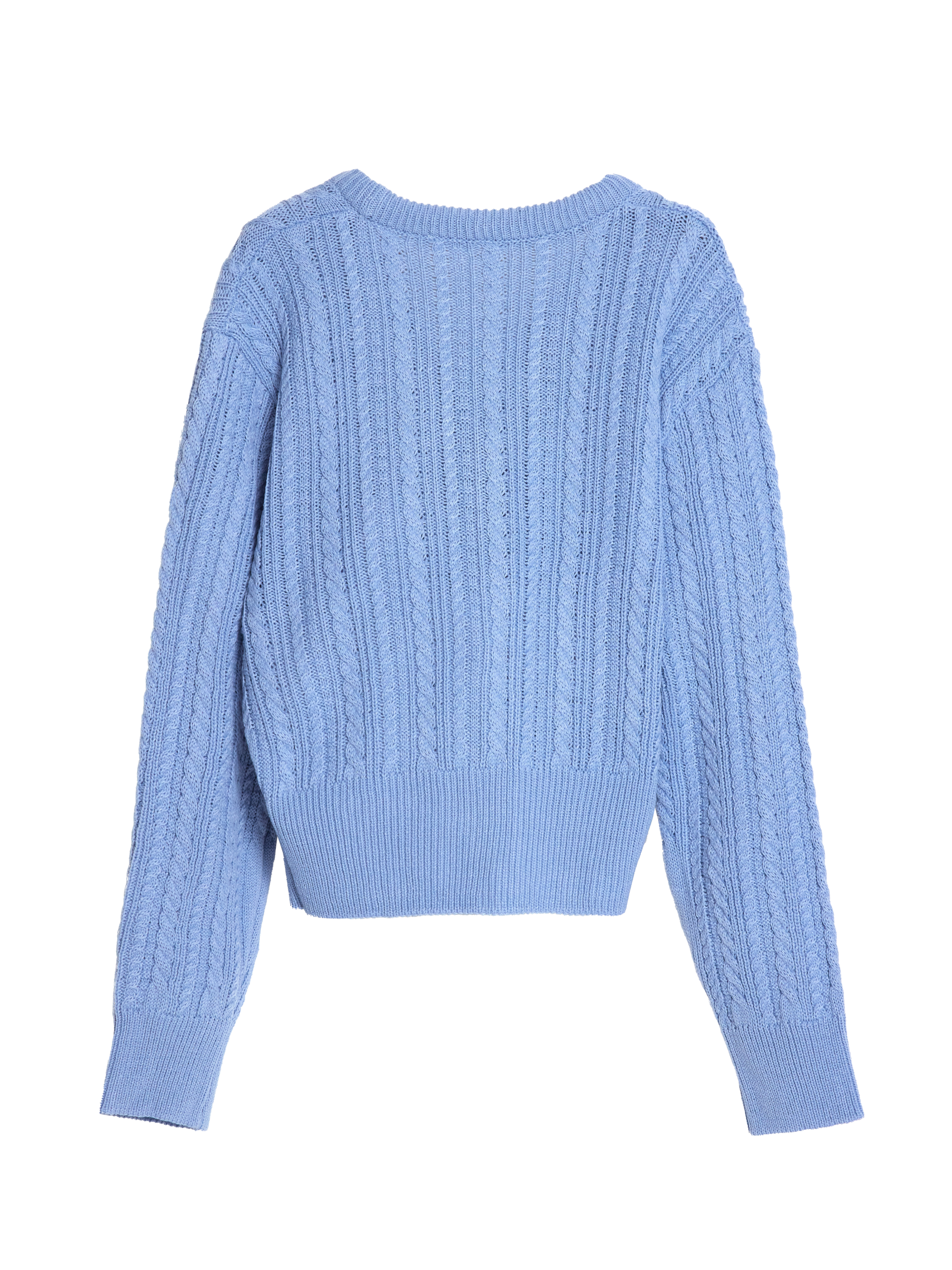 Backside view of the blue embroidered sweater.