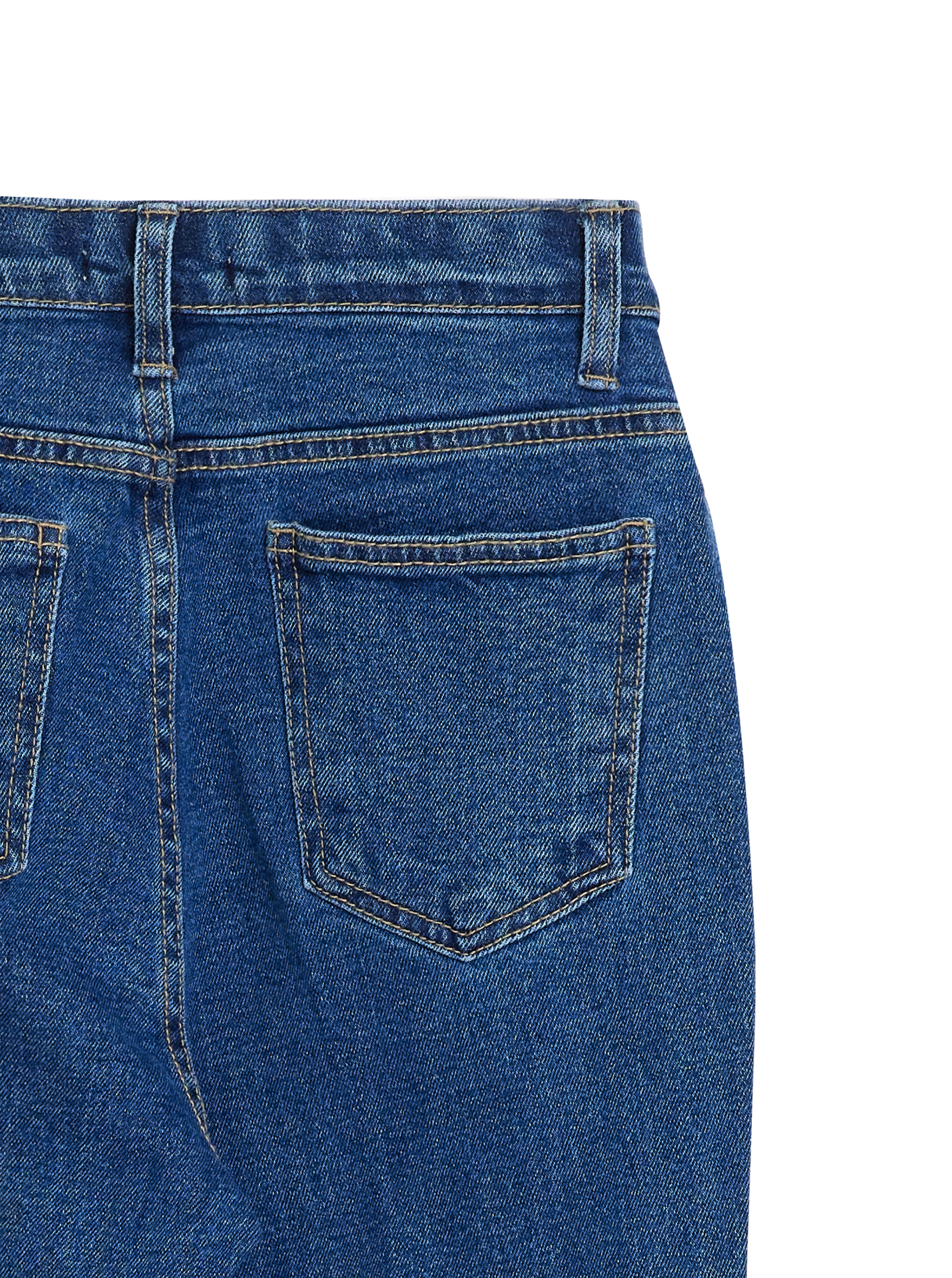 Zoomed-in shot showcasing the precise stitching and texture of the denim fabric. 