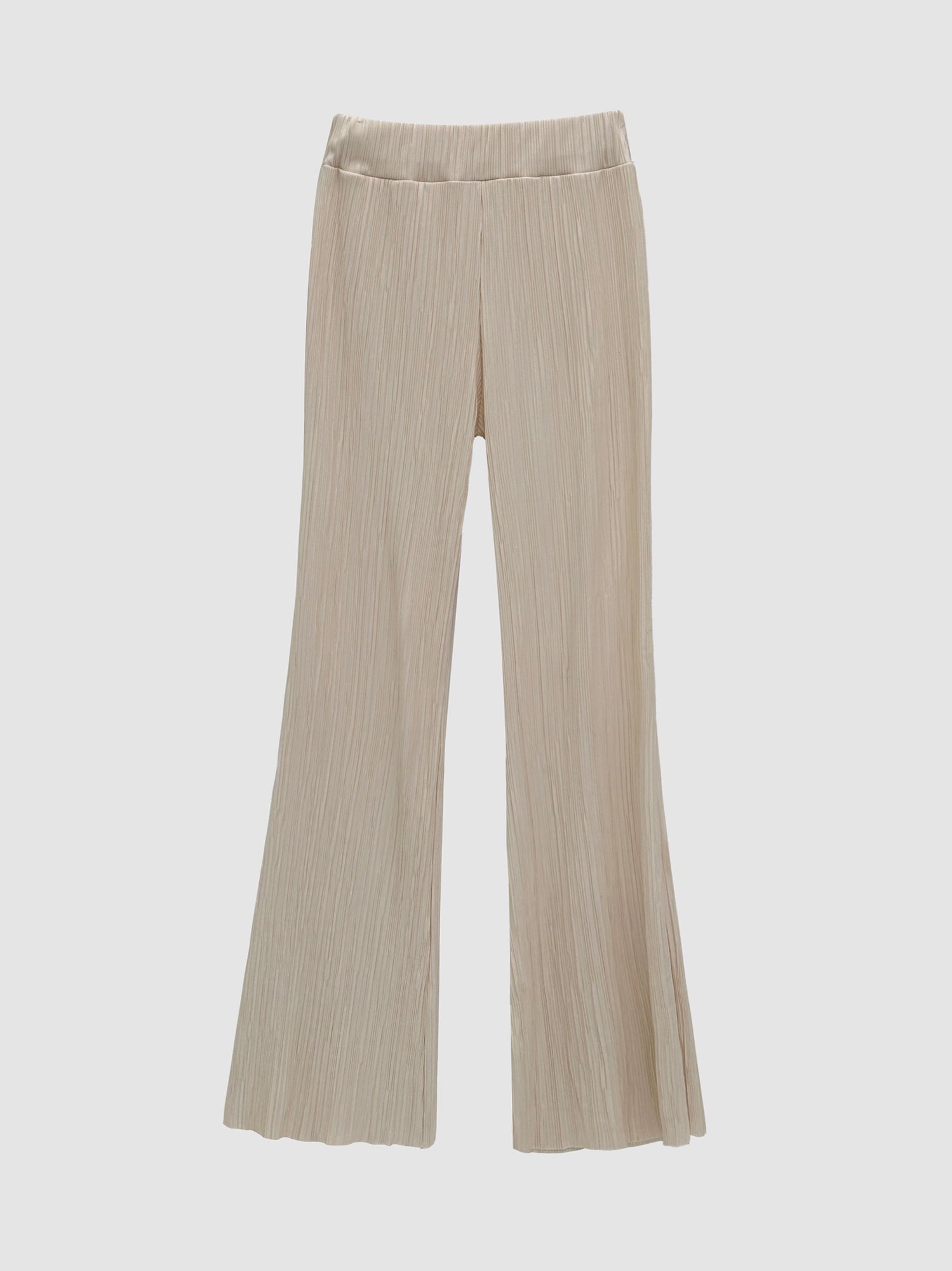 Front detailed view of the beige flare pleated pants with gray backdrop.