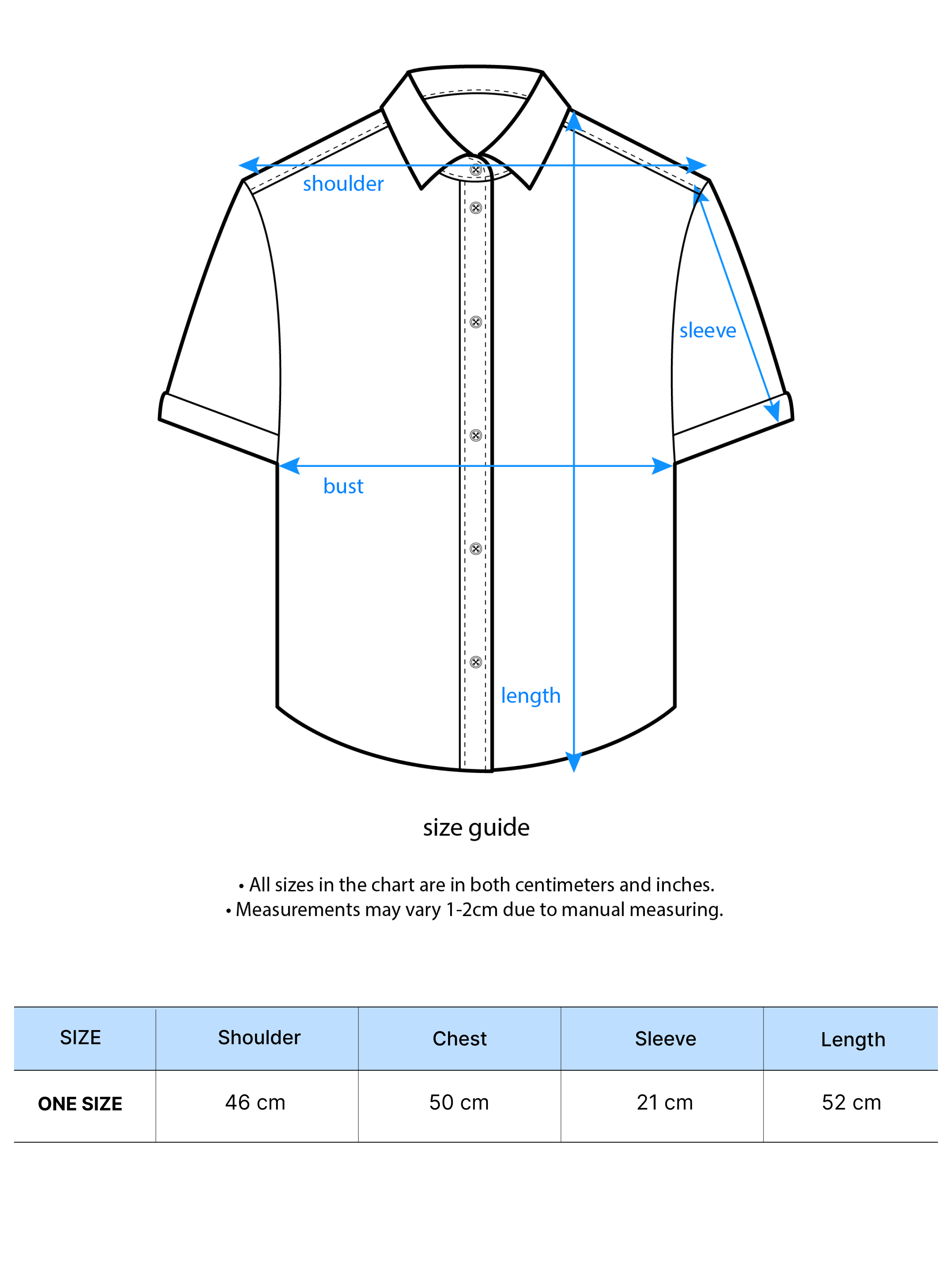 A size chart that shows a detailed measurement of the product.