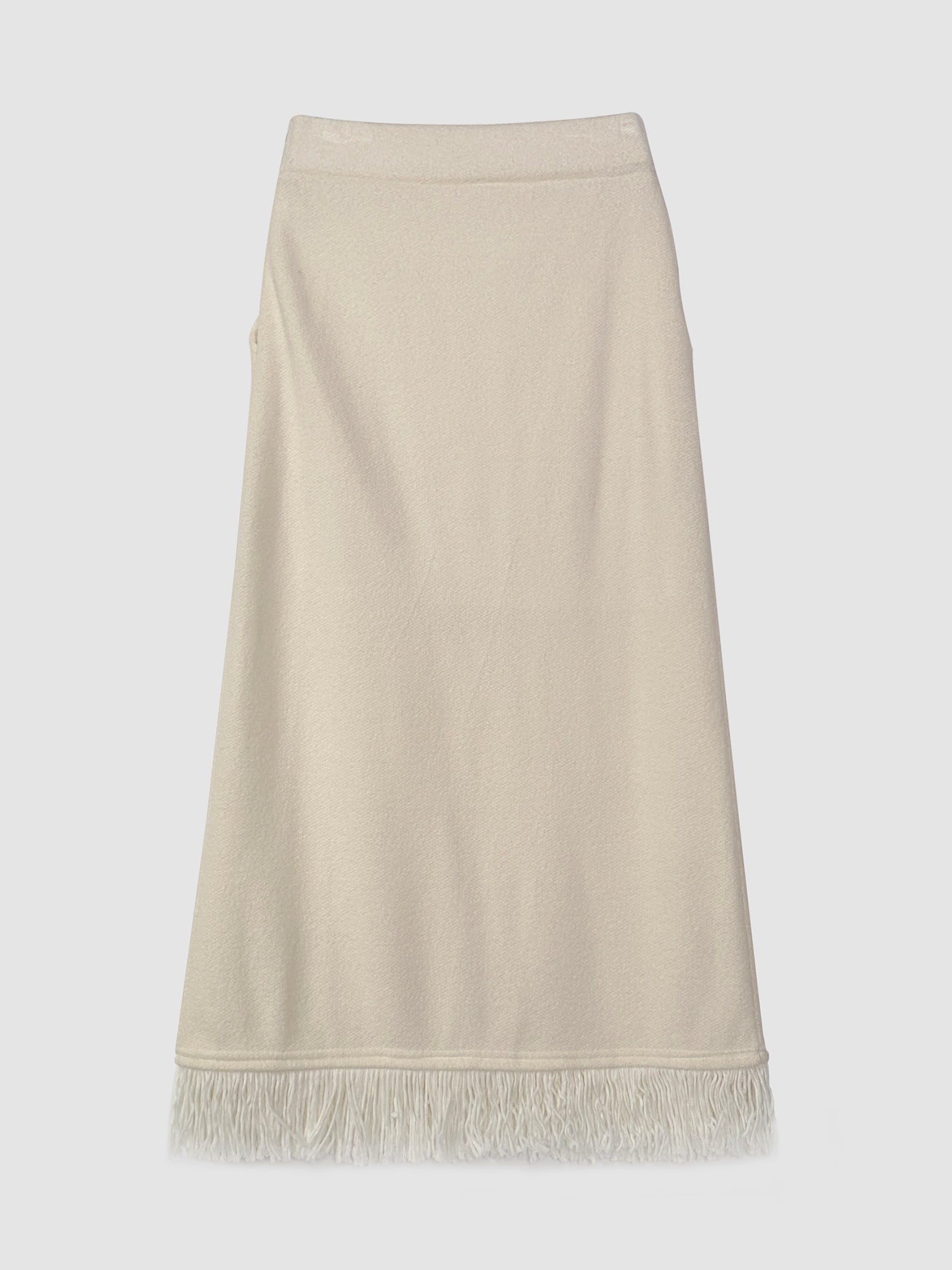 Back view of the fringe split maxi skirt to show its back designs of the skirt.