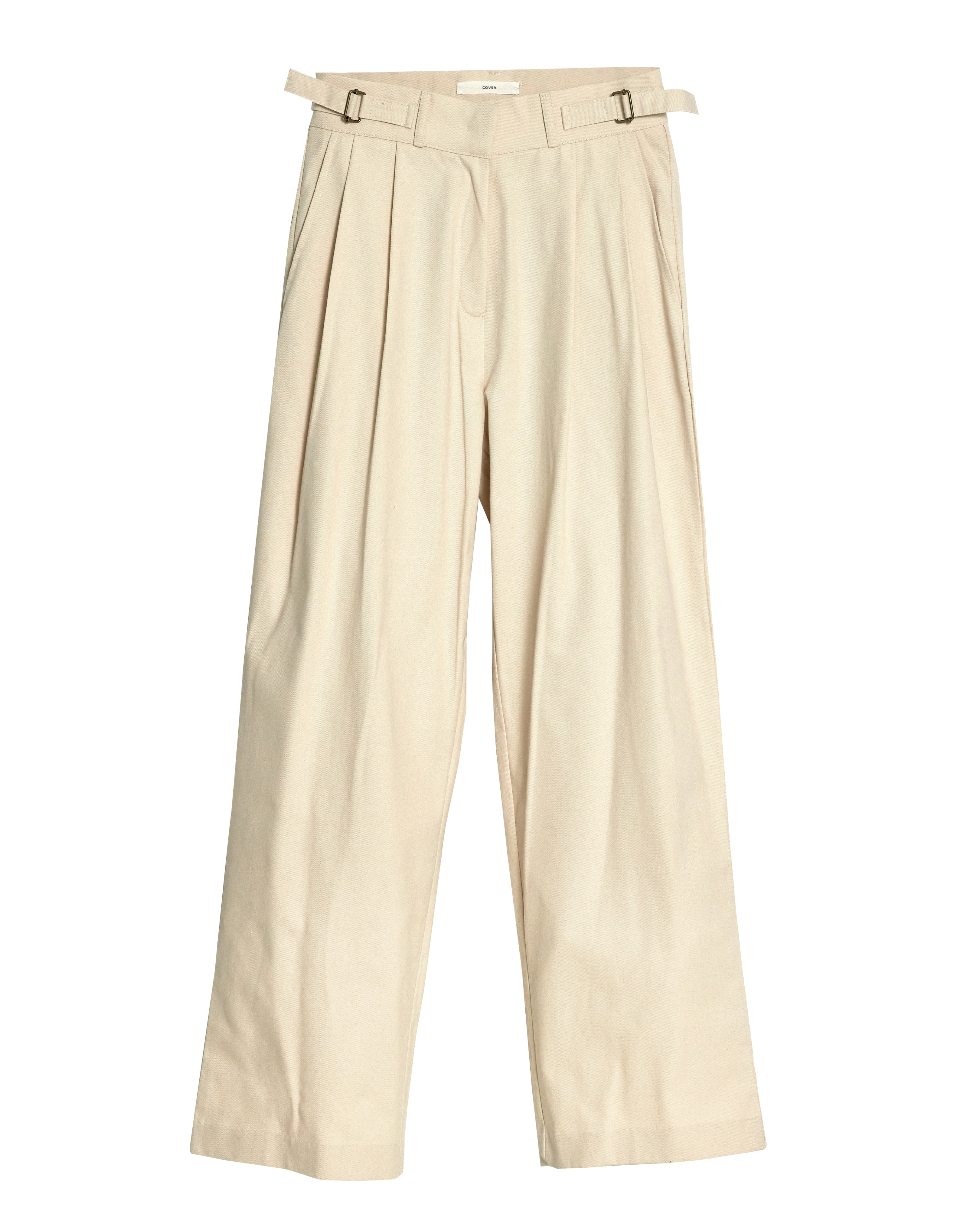 Cream high-rise pleated trouser facing the front to show the details of the design.