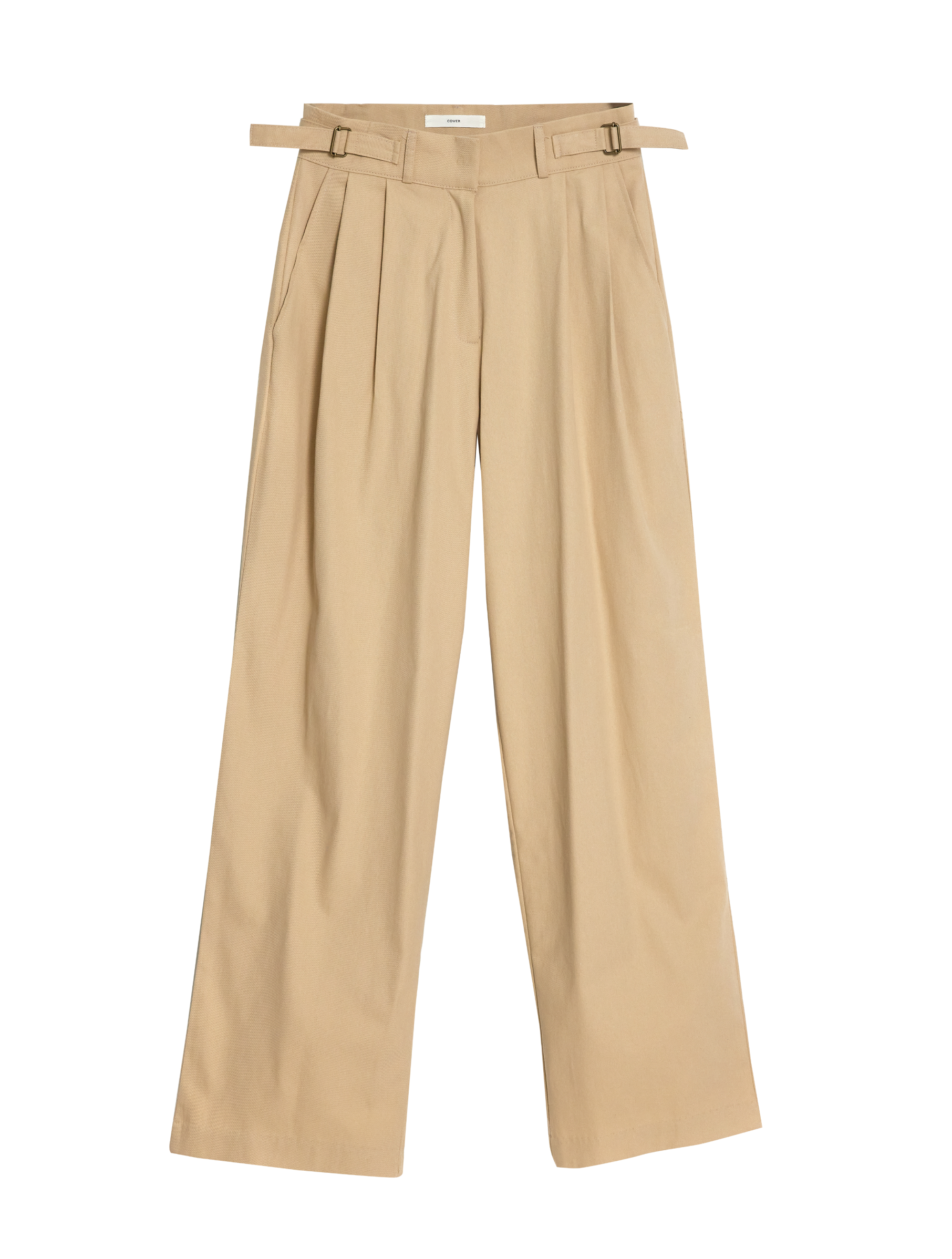 Product detail shot of a beige high-rise trouser to show the front side designs.