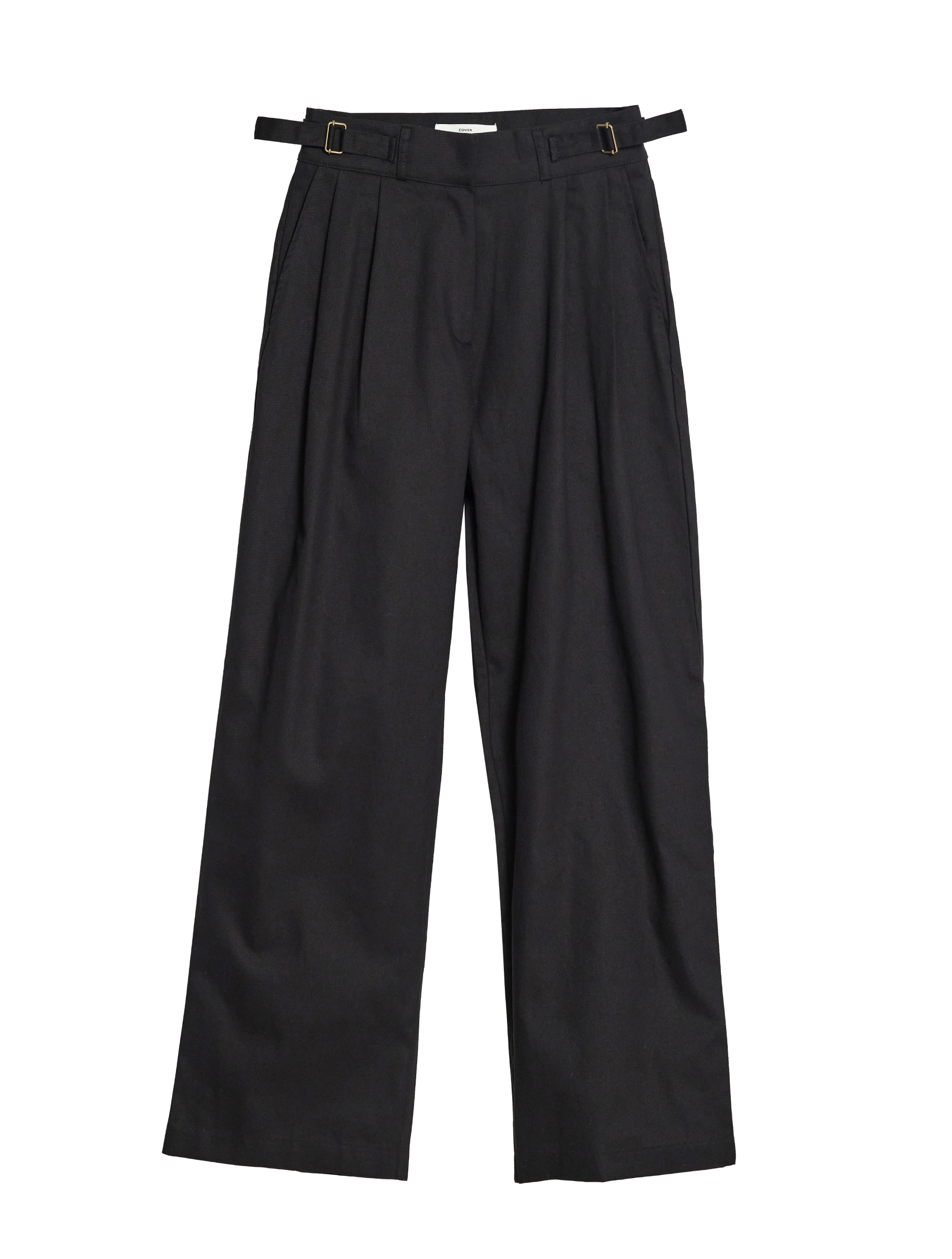 It's a black high-rise pleated trouser showing the front with white backdrop.