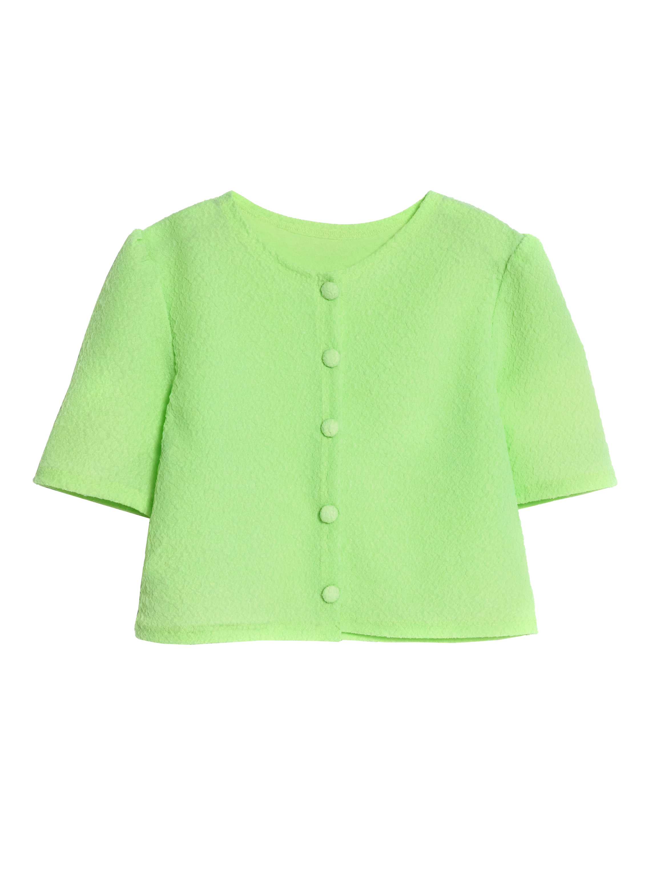 Front shot of the light-green cardigan showcasing the full design detail.