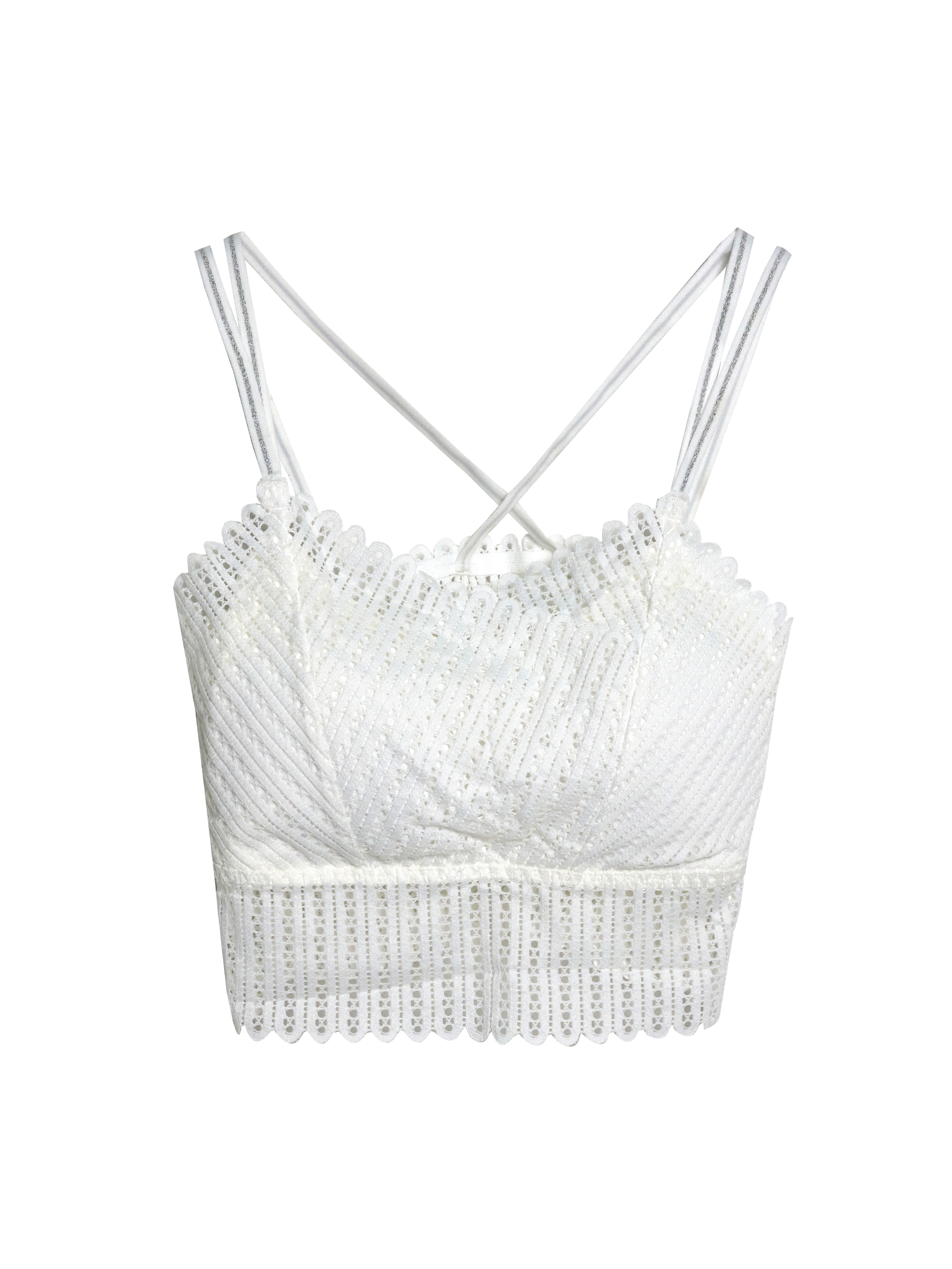 Product detailed view of the lace cross-strap camisole showing the intricate detailed designs of the white camisole.