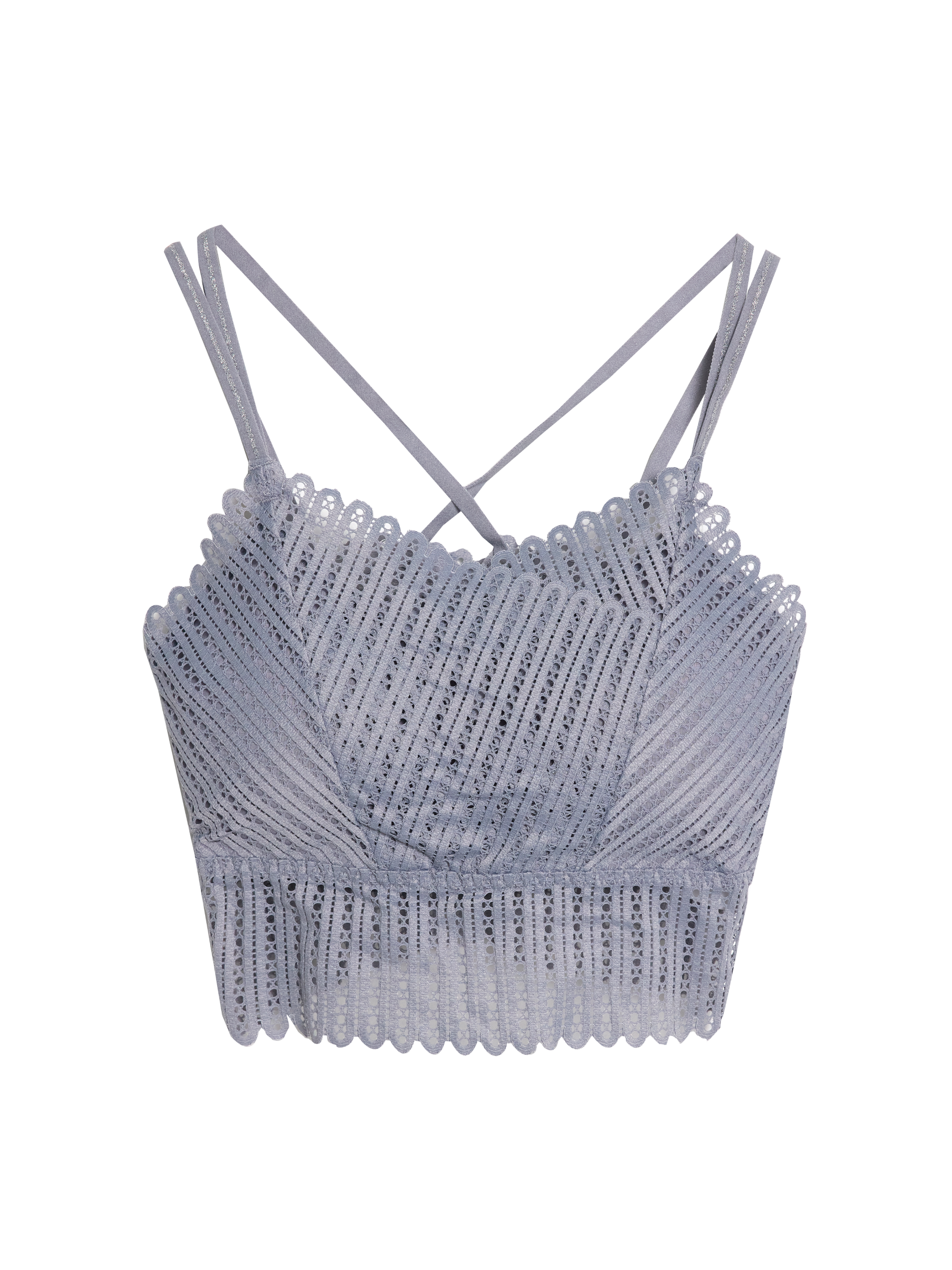 Front side of the gray lace cross-strap camisole.