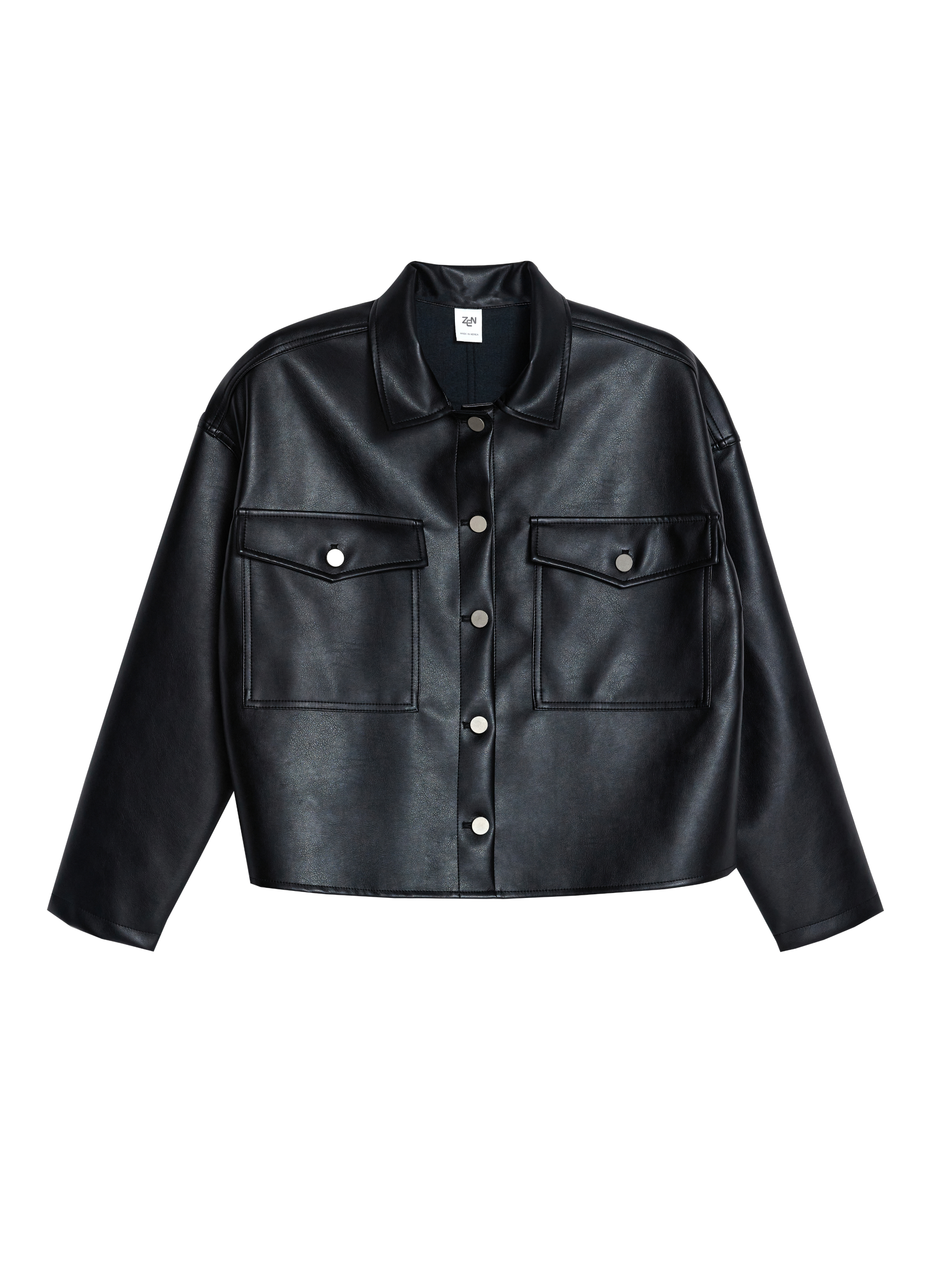 Front facing shot of a black leather jacket with white backdrop that highlights the chest front pockets with button fastening designs.