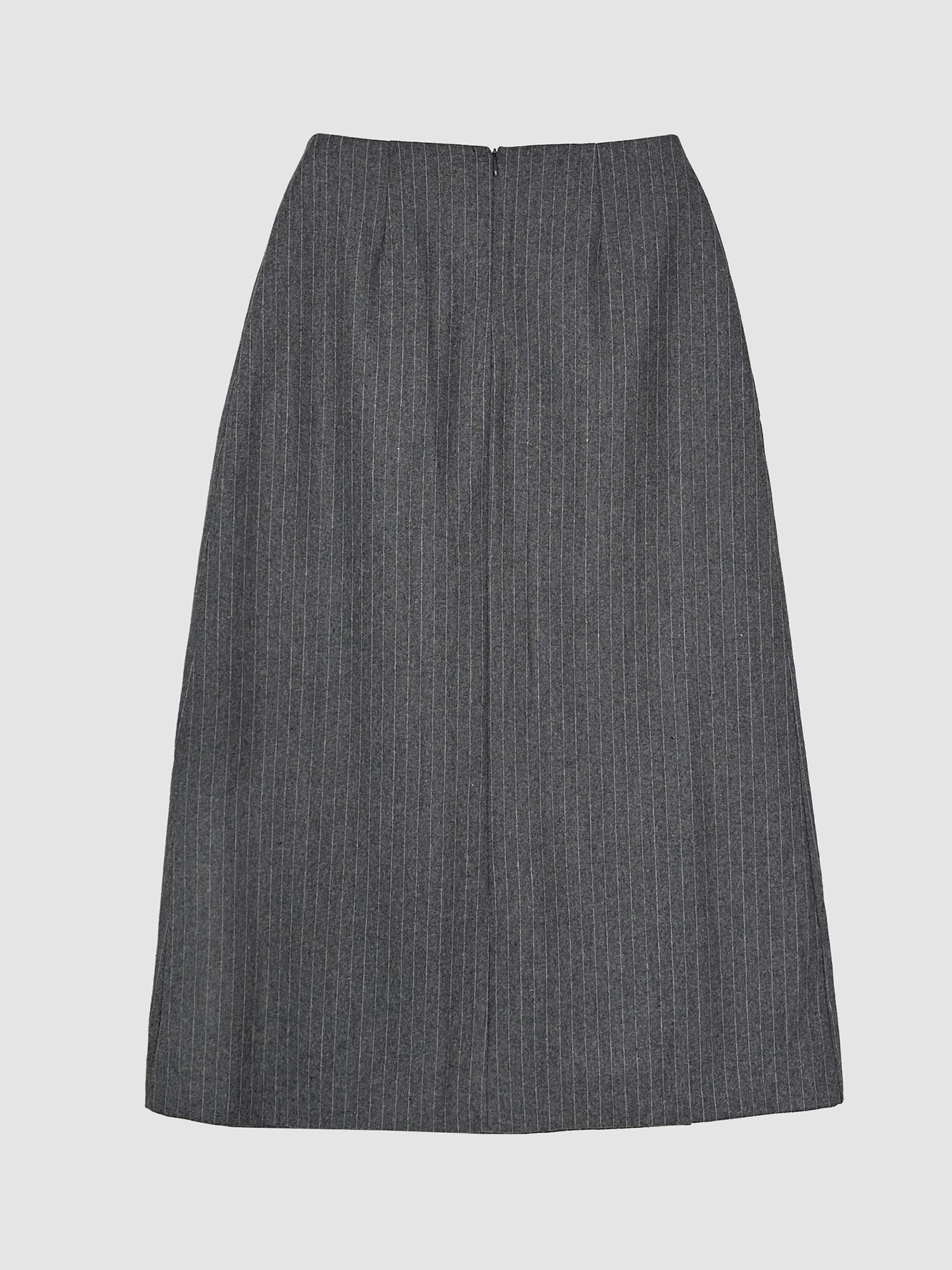 Back detailed view of the pinstripe pleated skirt to show its back designs of the skirt.