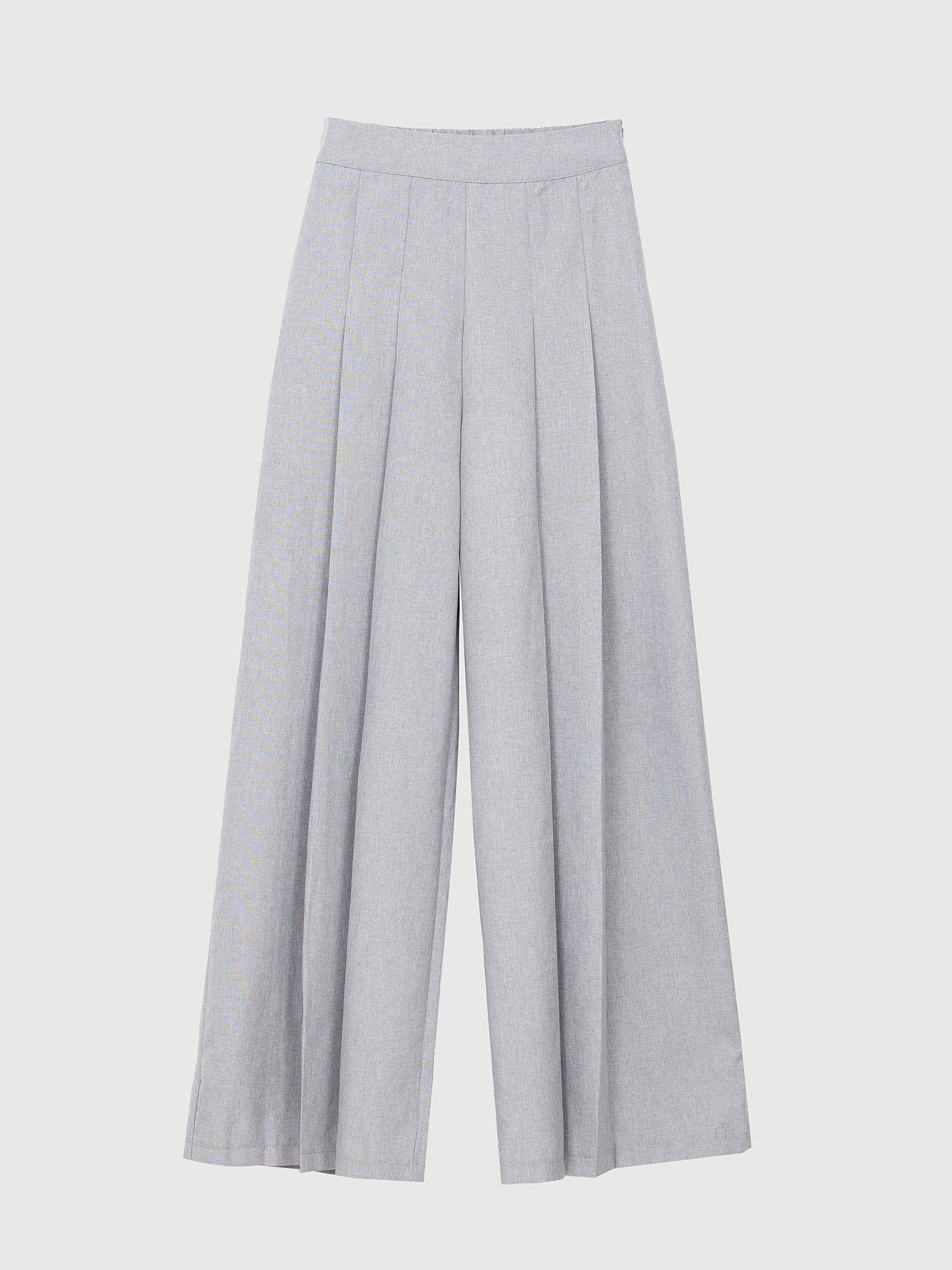 A product view of the gray pleated-detail trouser showing its intricate pleated designs of the trouser.