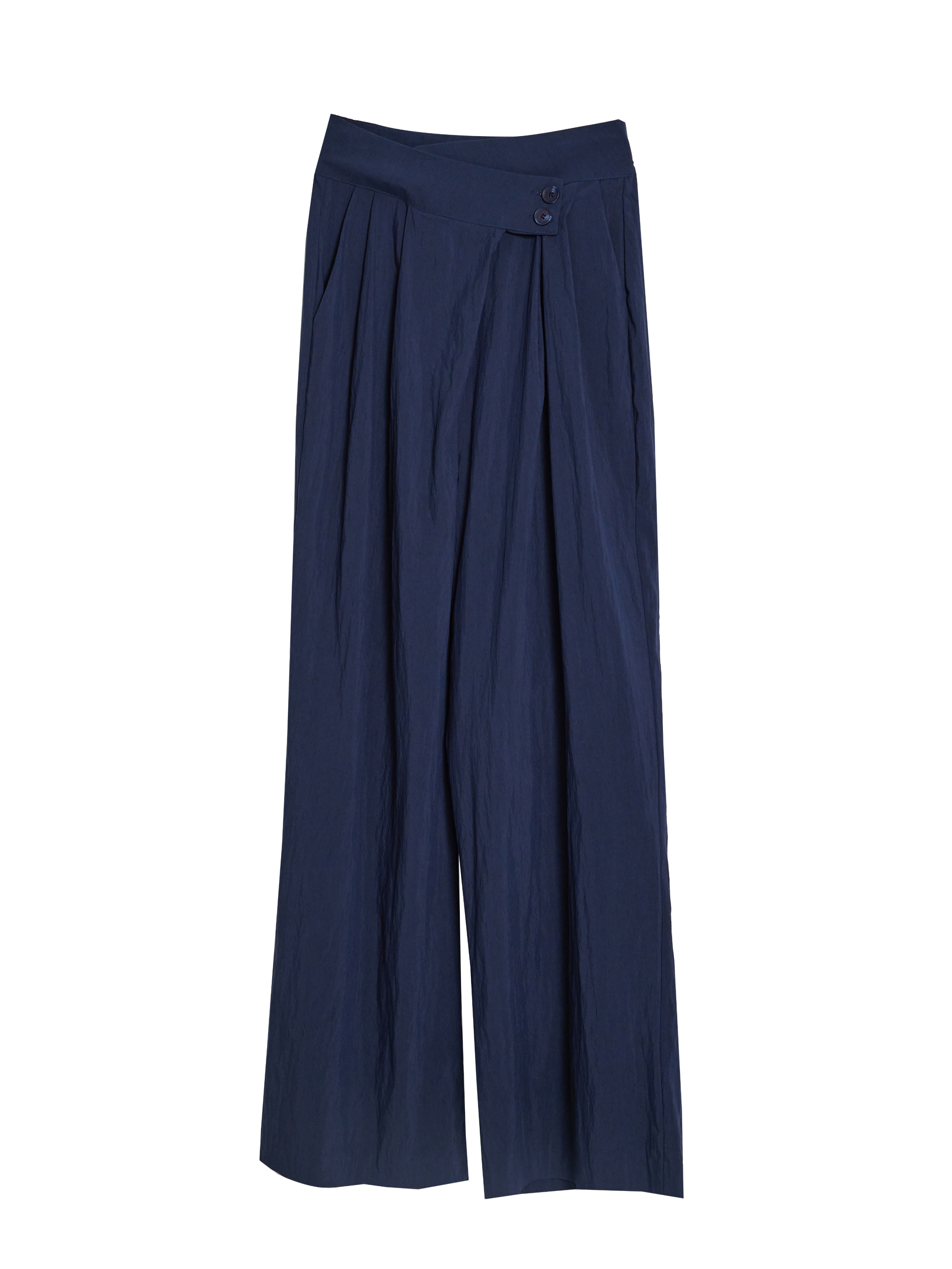 Product detailed image of the pleated side button trouser showcasing the front design of the trouser.