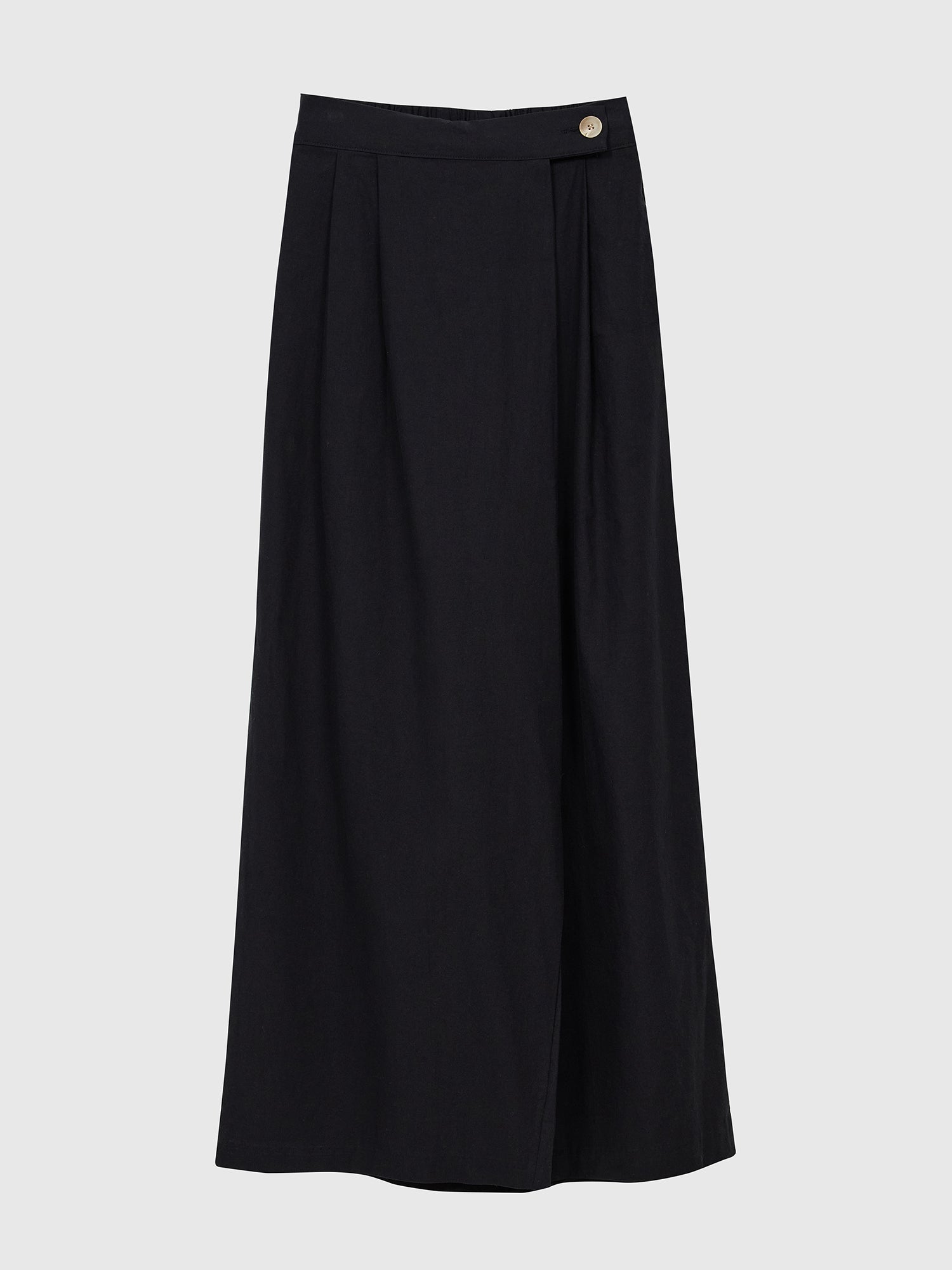 The front view of the black Pleated Slit-cut Midi Skirt showing the front detailed designs.