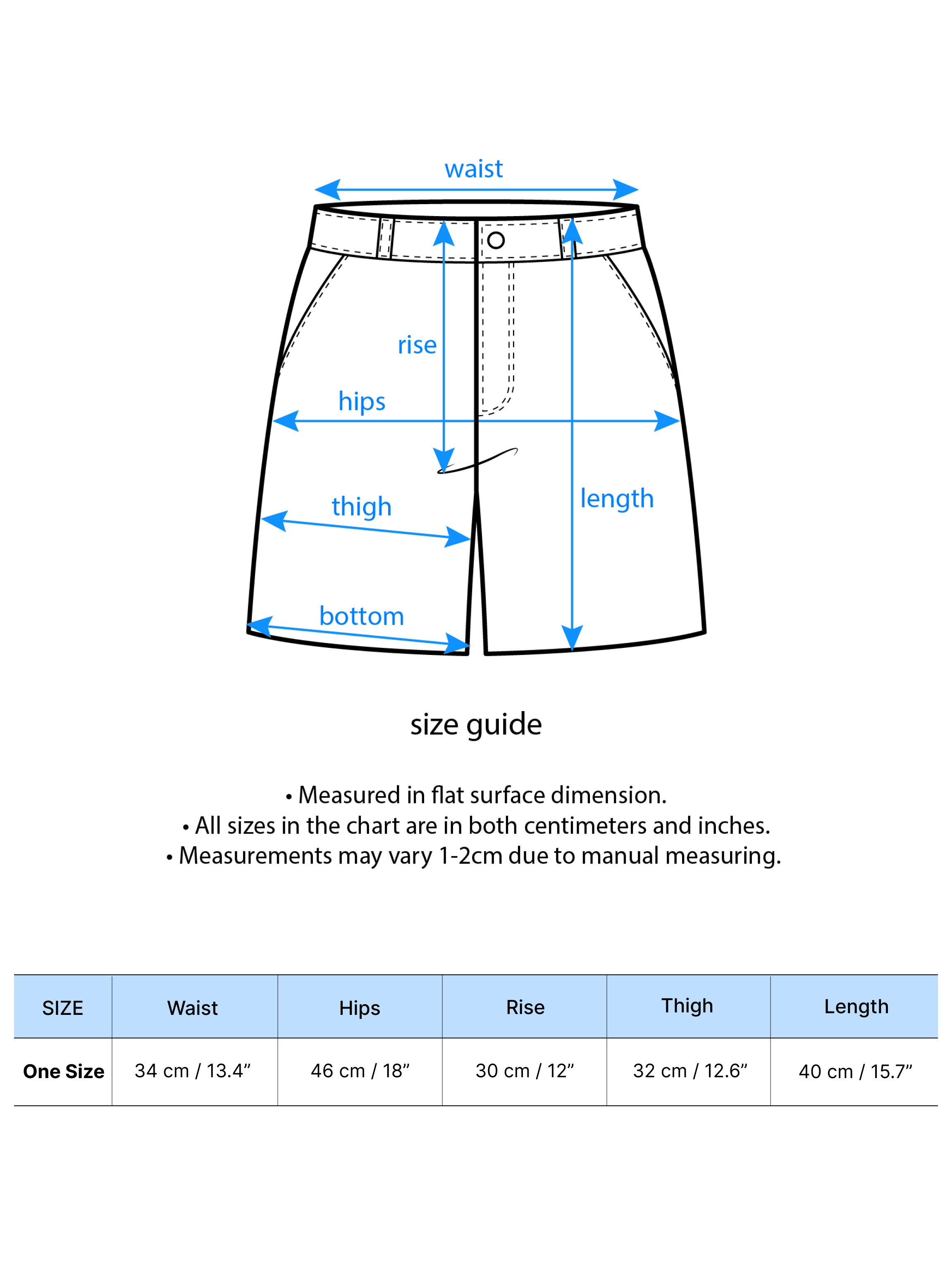 A size chart showcasing a detailed measurement of the product.