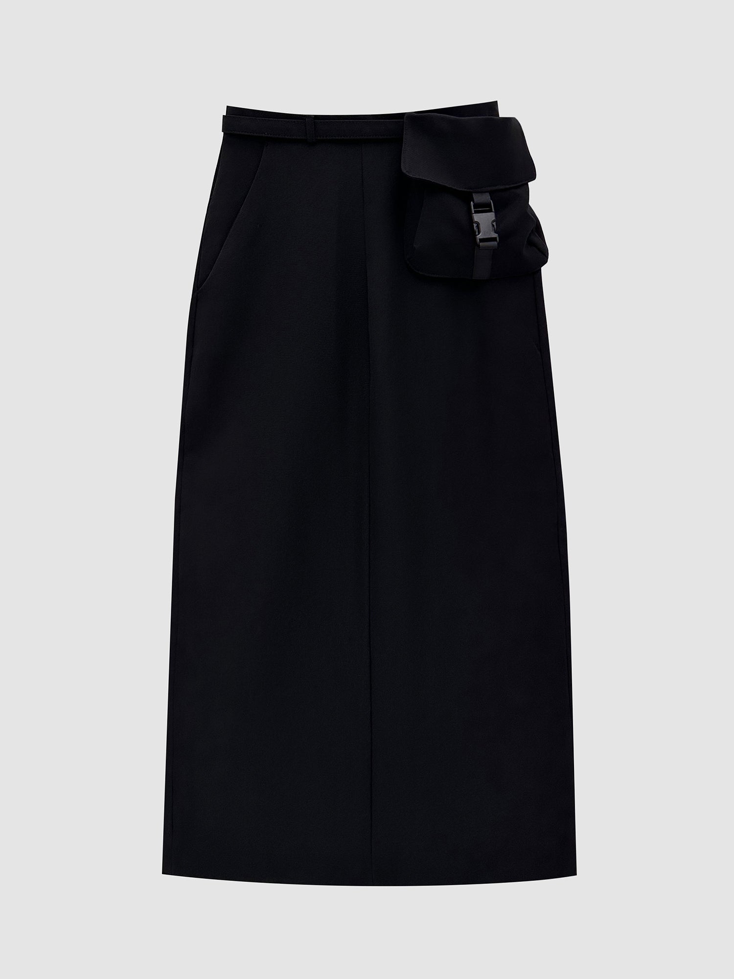 Front detailed view of the black pocket maxi skirt with gray backdrop.