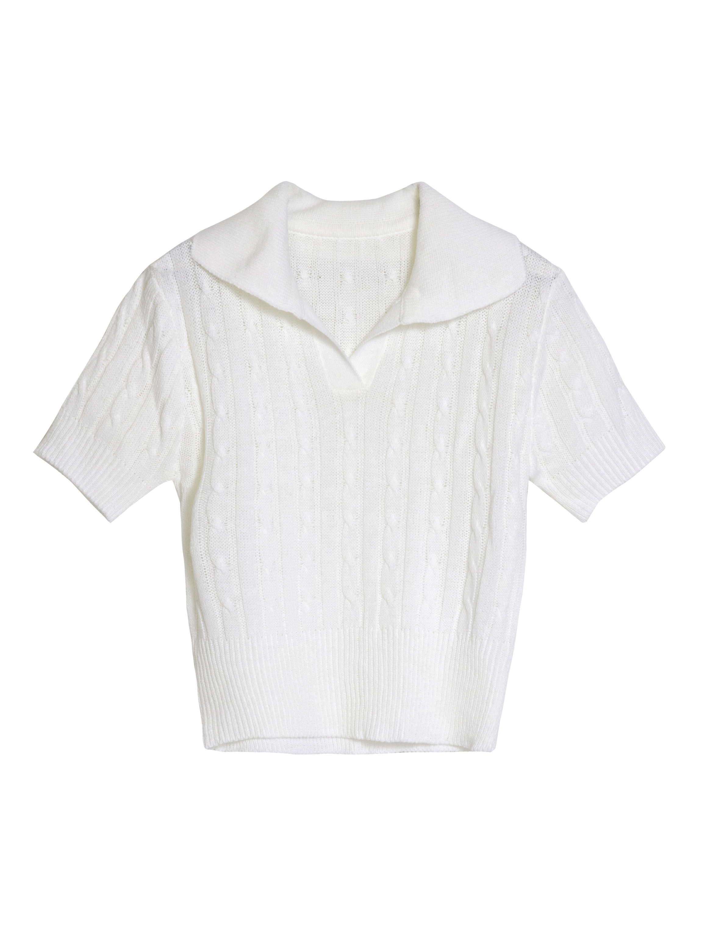 Product detailed view of the ivory knit shirt with white backdrop.