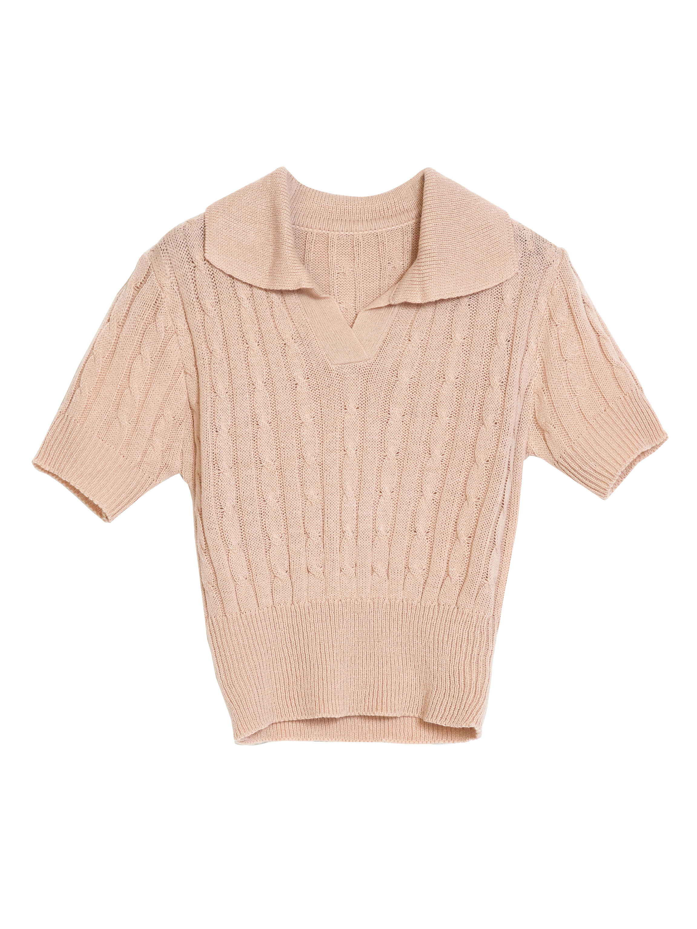 Product detailed view of the beige knit shirt showcasing the front design of the shirt.