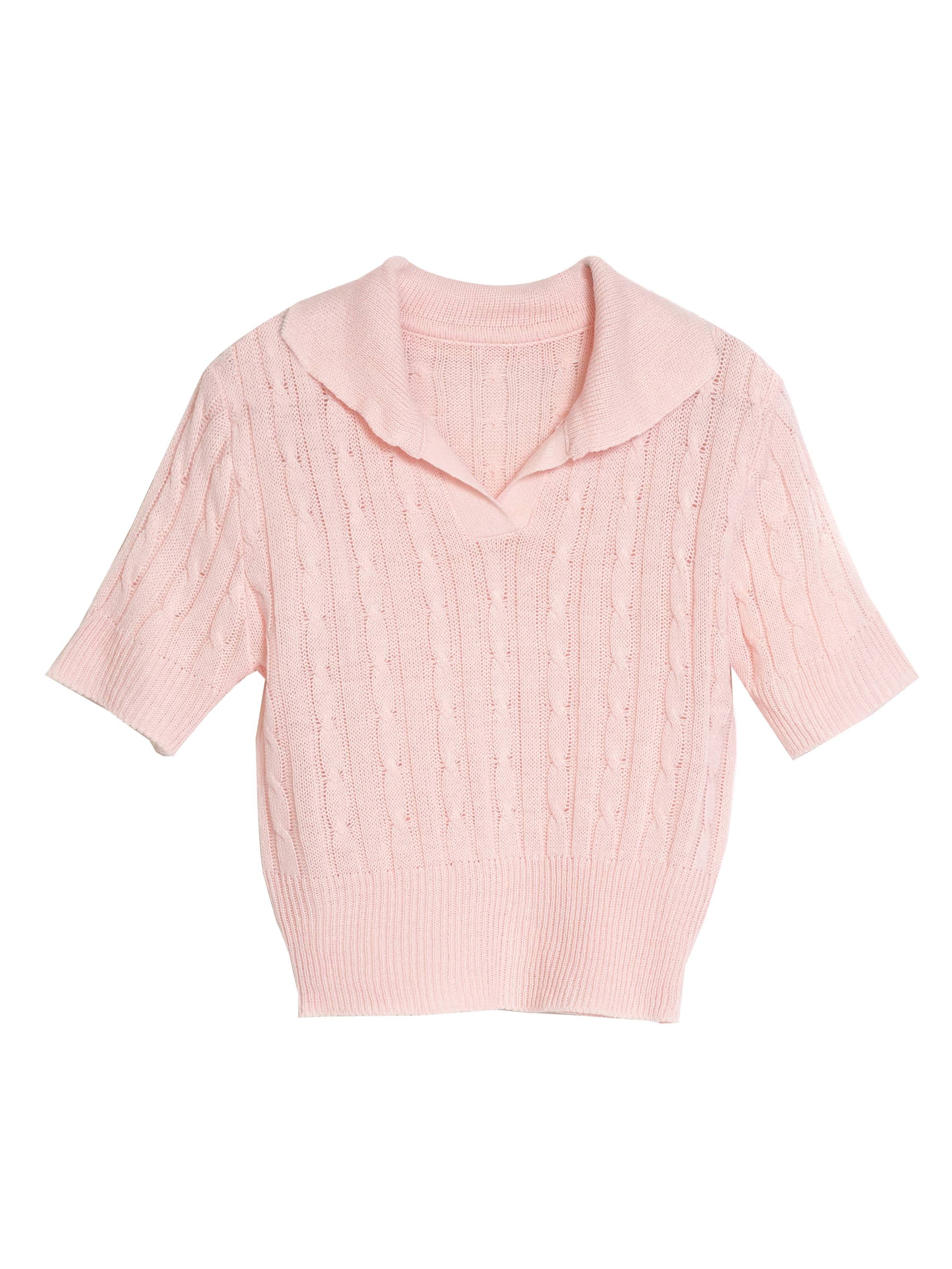 Front view of the pink polo knit shirt with white backdrop.