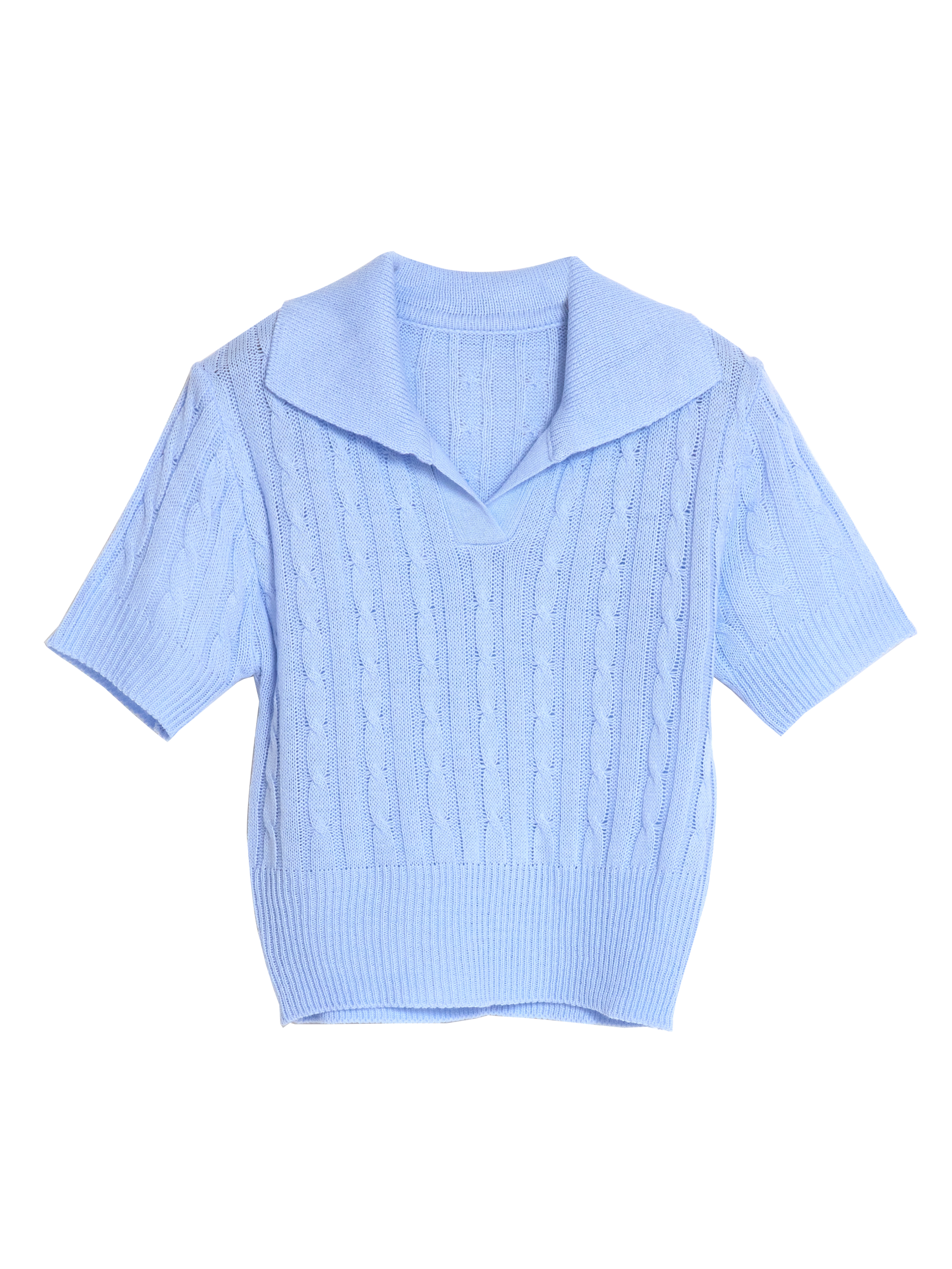 Front view of the blue polo knit shirt showing the front details of the shirt.