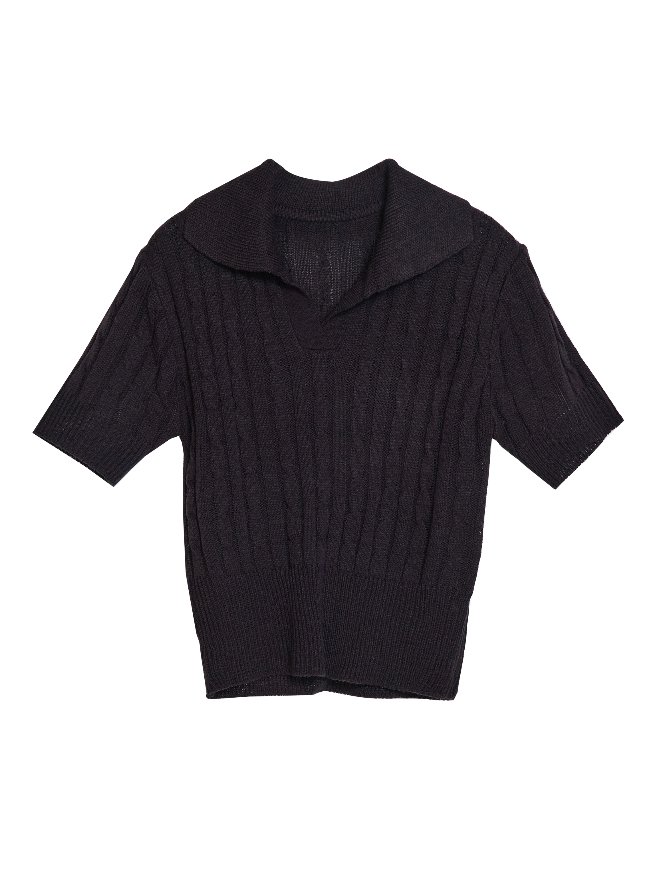 Product detailed view of the black polo knit shirt with white backdrop.