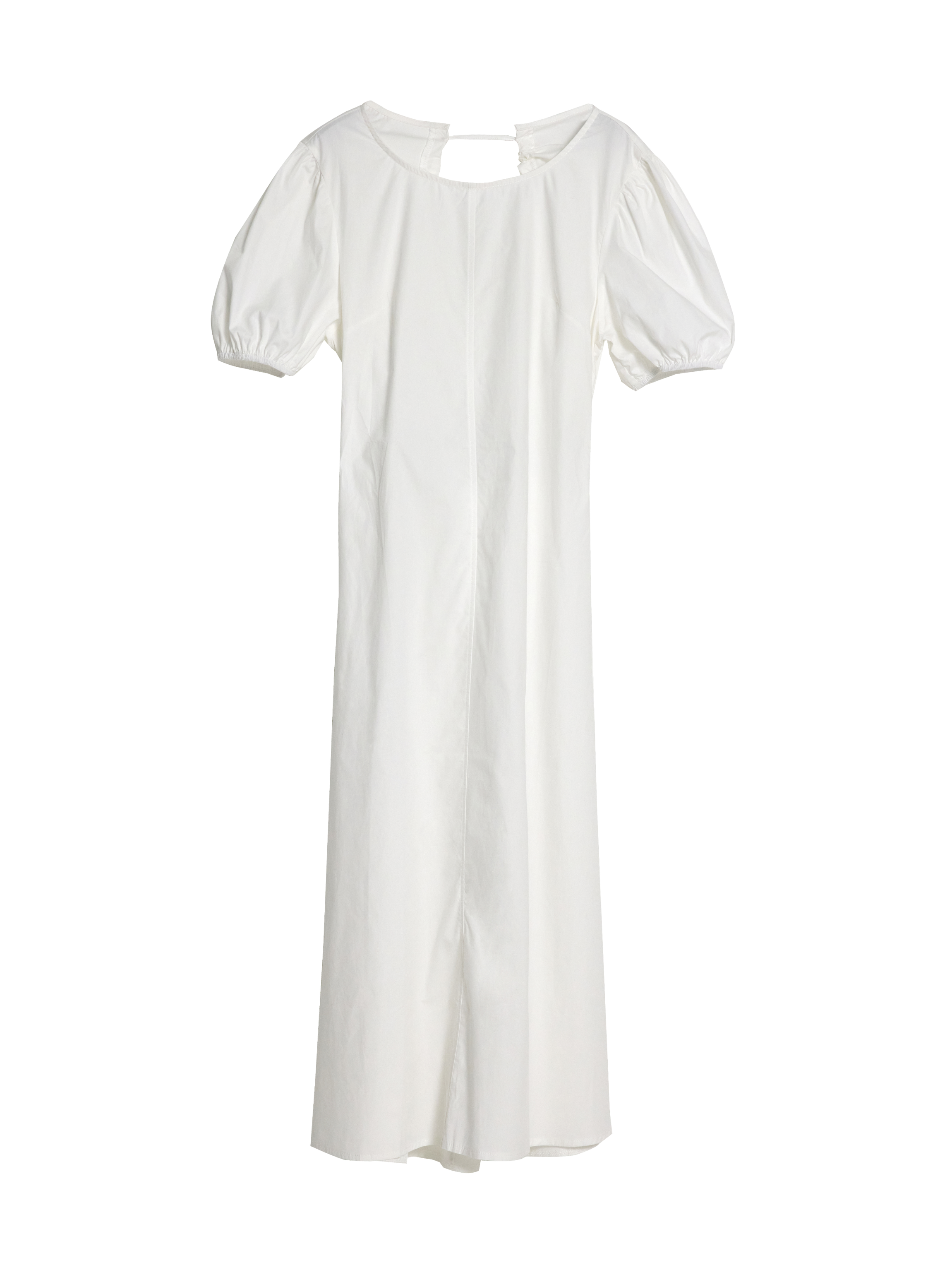 Front view of the Ivory puff sleeve dress with white backdrop.