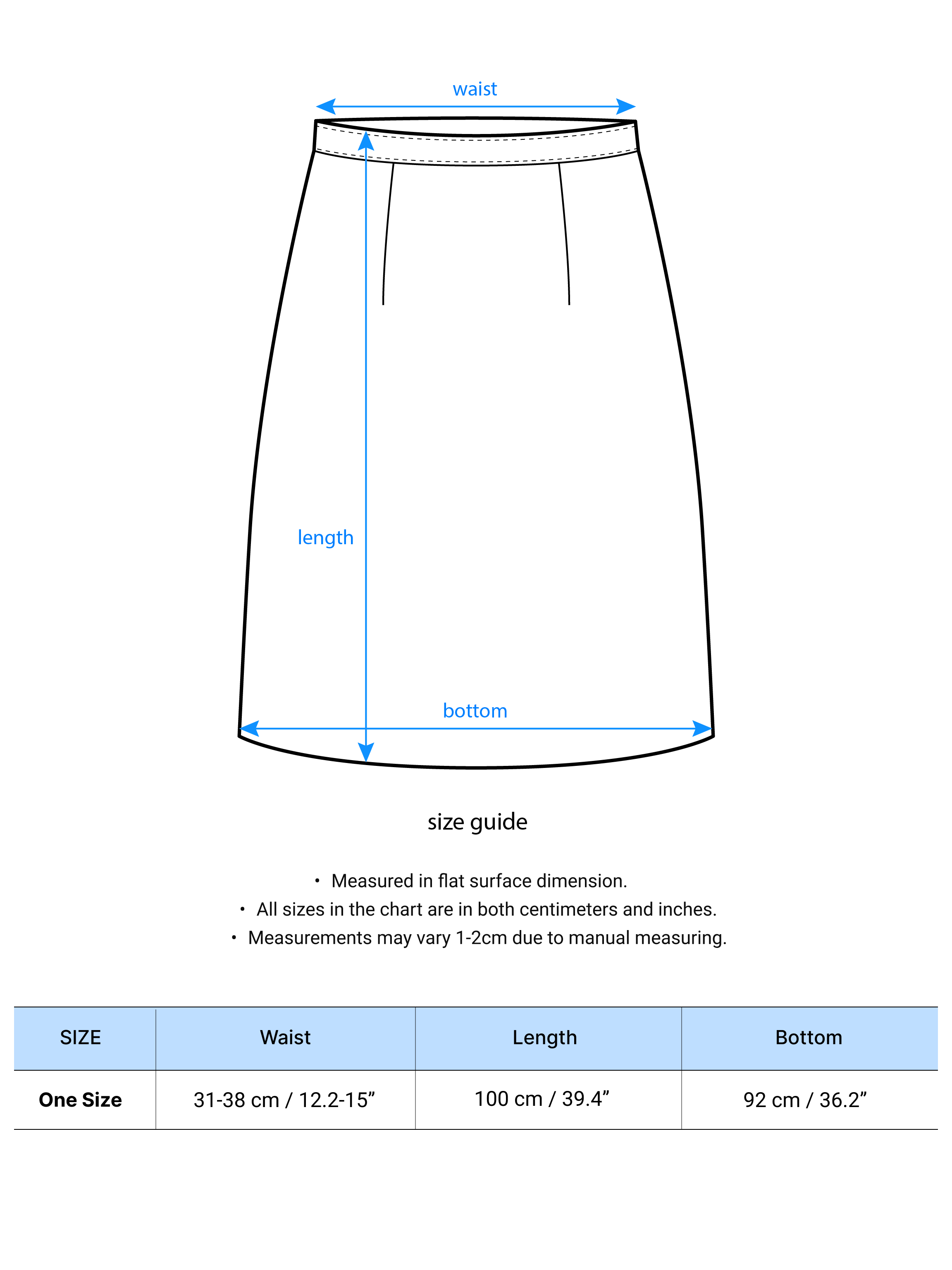 A size chart showing a detailed measurement of the product.