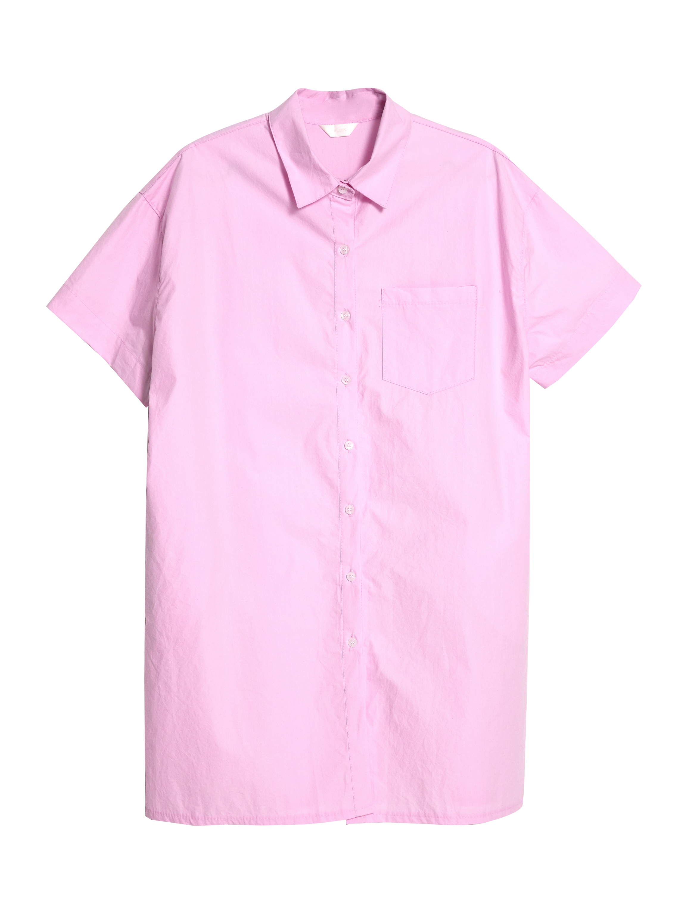 Front view of the pink shirt dress with a white backdrop.