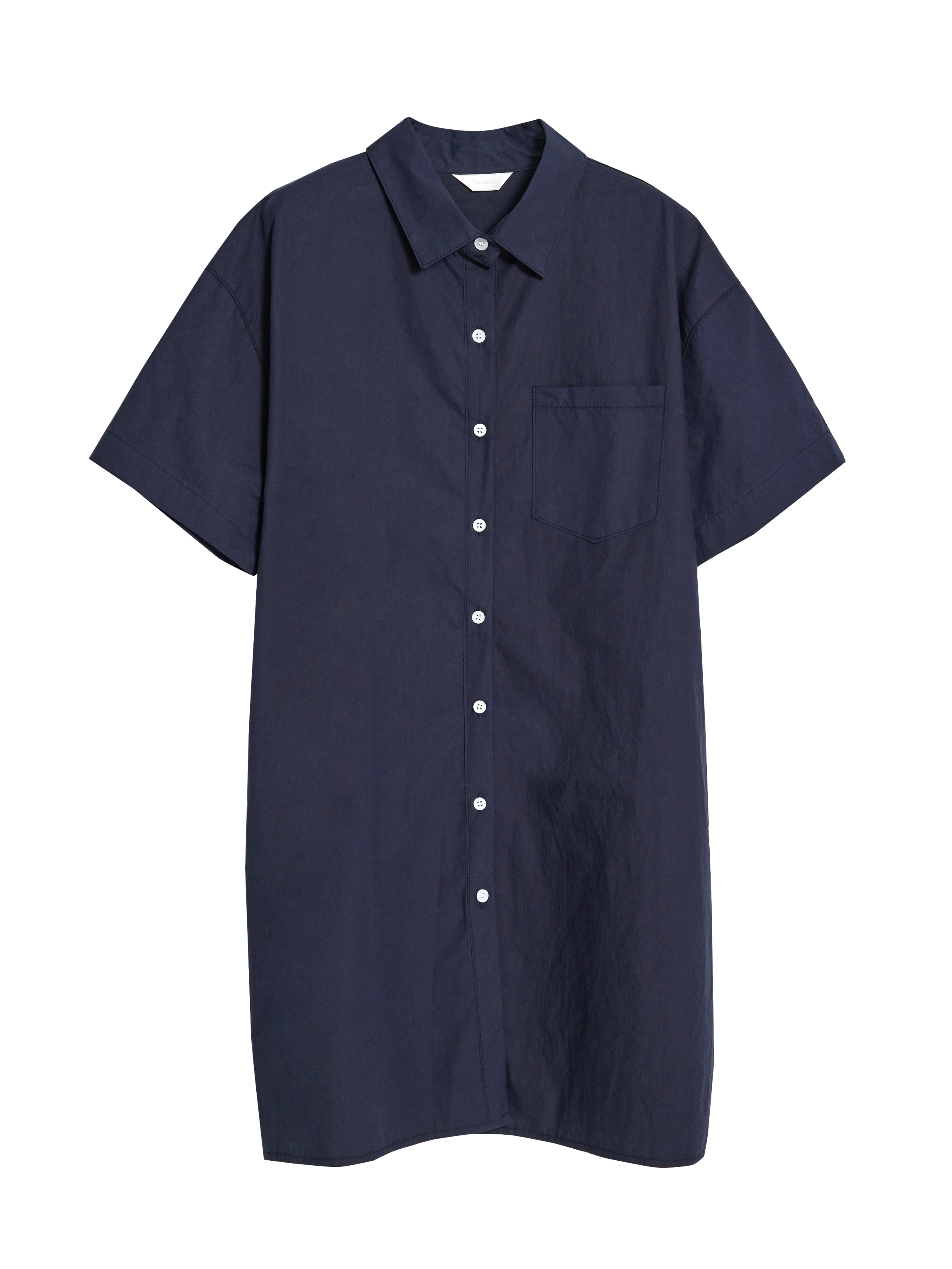 Front view of the navy shirt dress accentuating the white button-front.